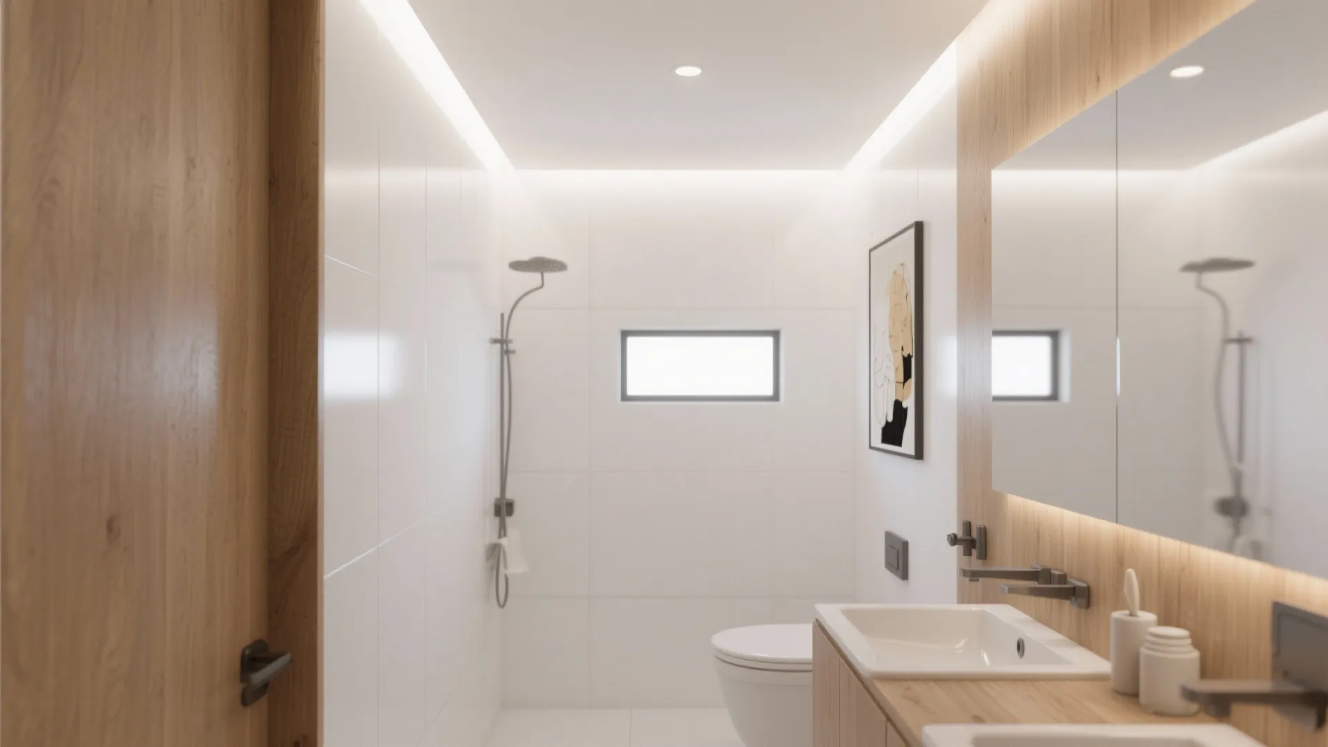 Windowless small bathroom using high-reflectance pure white to maximize brightness with warm accents