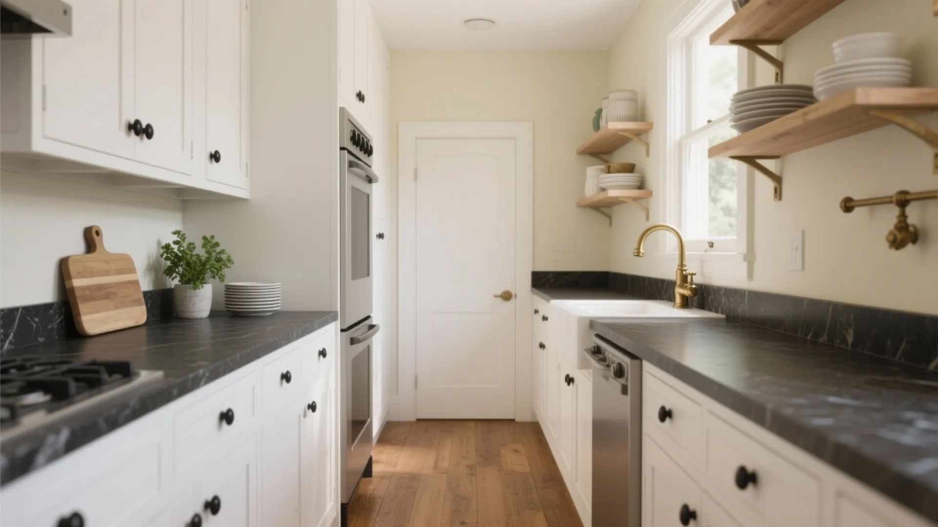 Narrow galley kitchen featuring white cabinets, black marble countertops, gold faucet, and open wooden shelves