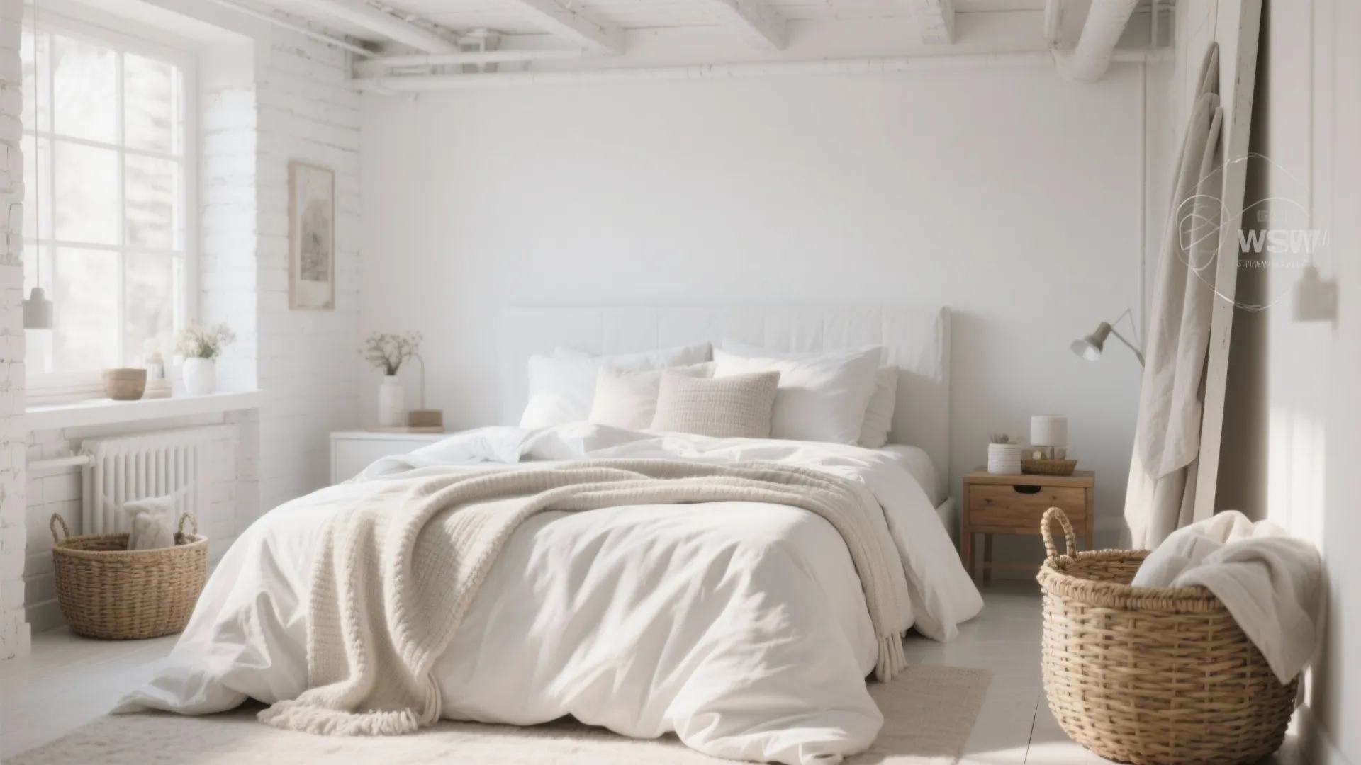 White loft bedroom layered with textures in warm daylight