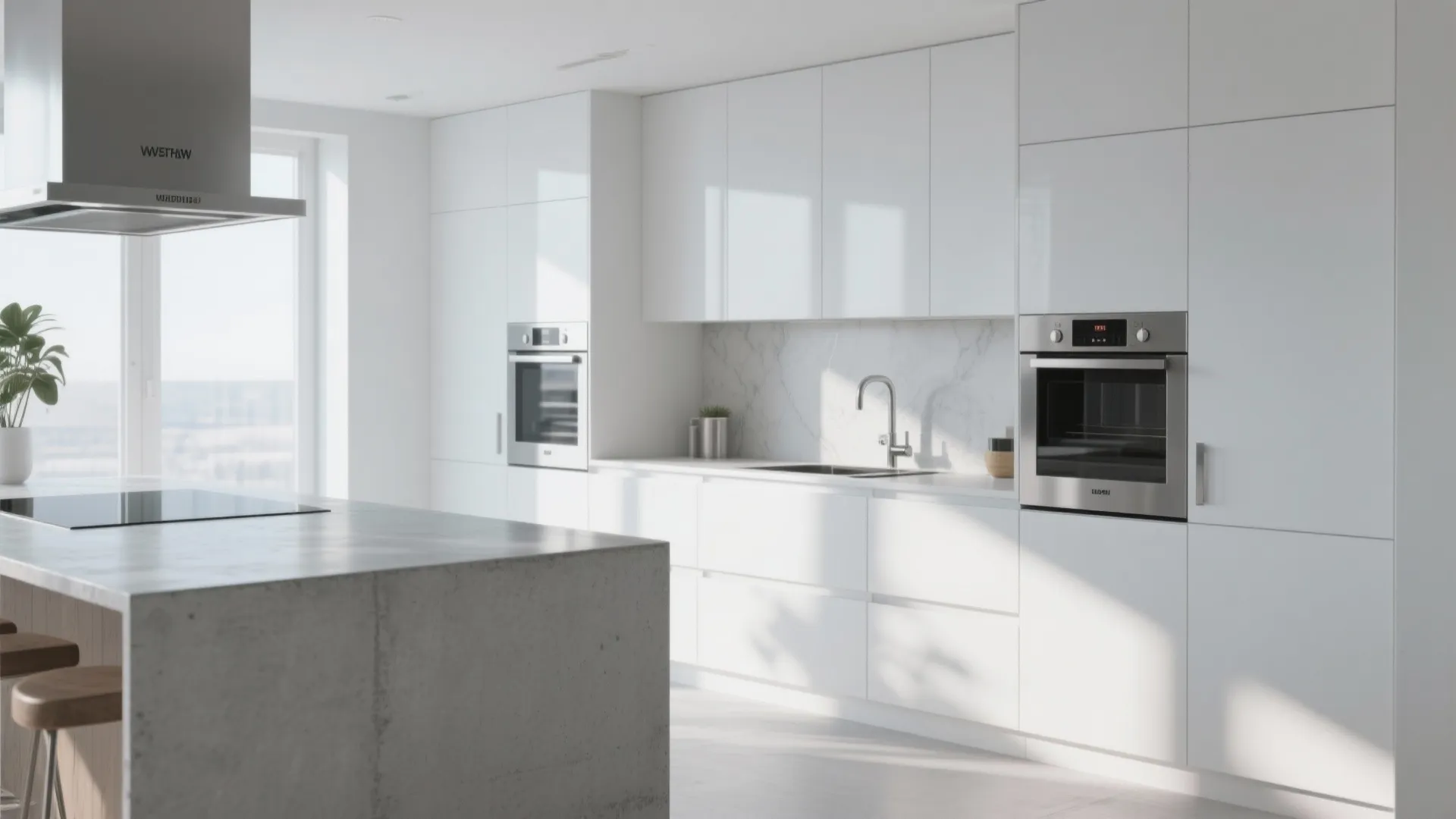 Modern white kitchen interior with sleek cabinets built in ovens large island and natural light