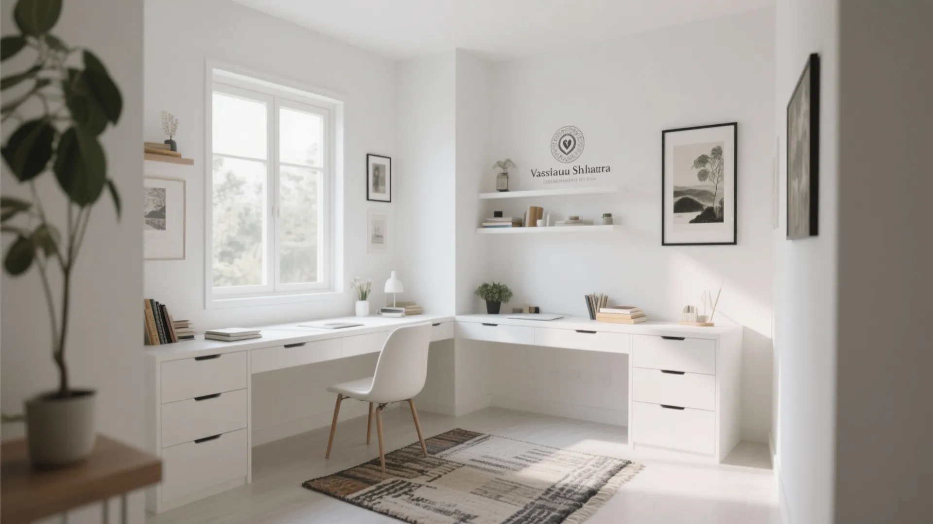 Modern white home office with corner desk white chair wall shelves rug and bright natural light
