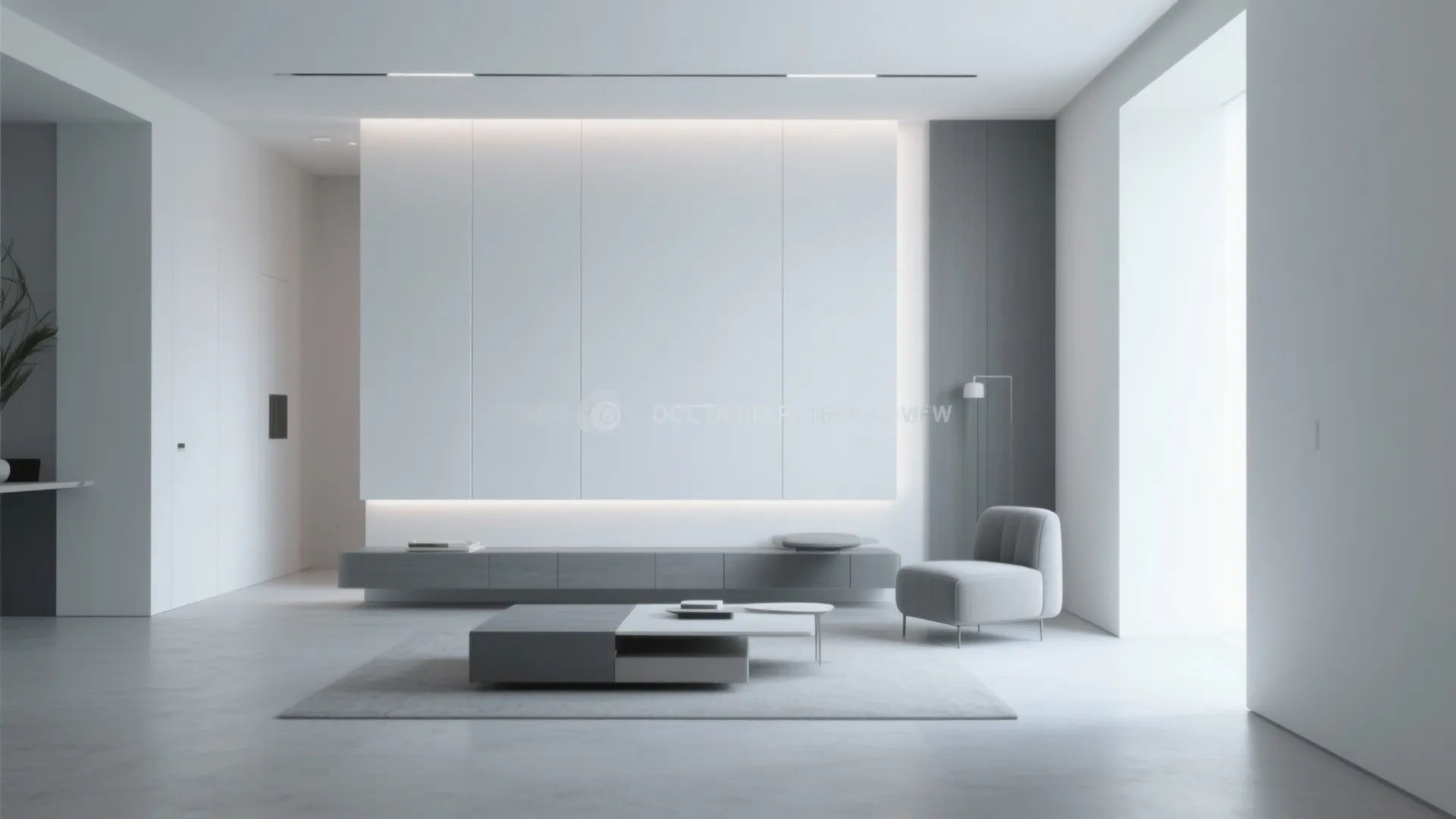 Minimalist white living room featuring a grey chair coffee table rug and simple wall storage cabinet