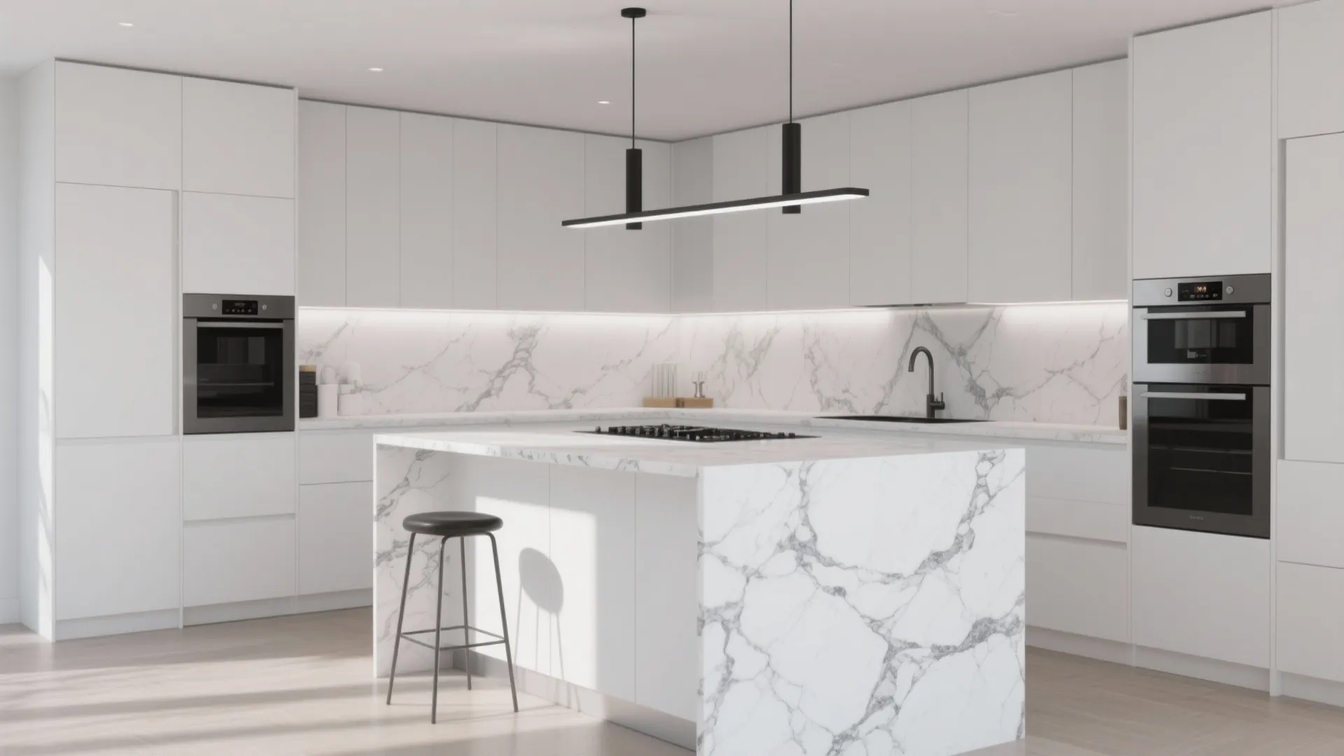 2. Pure white cabinets + dramatic marble-look quartz