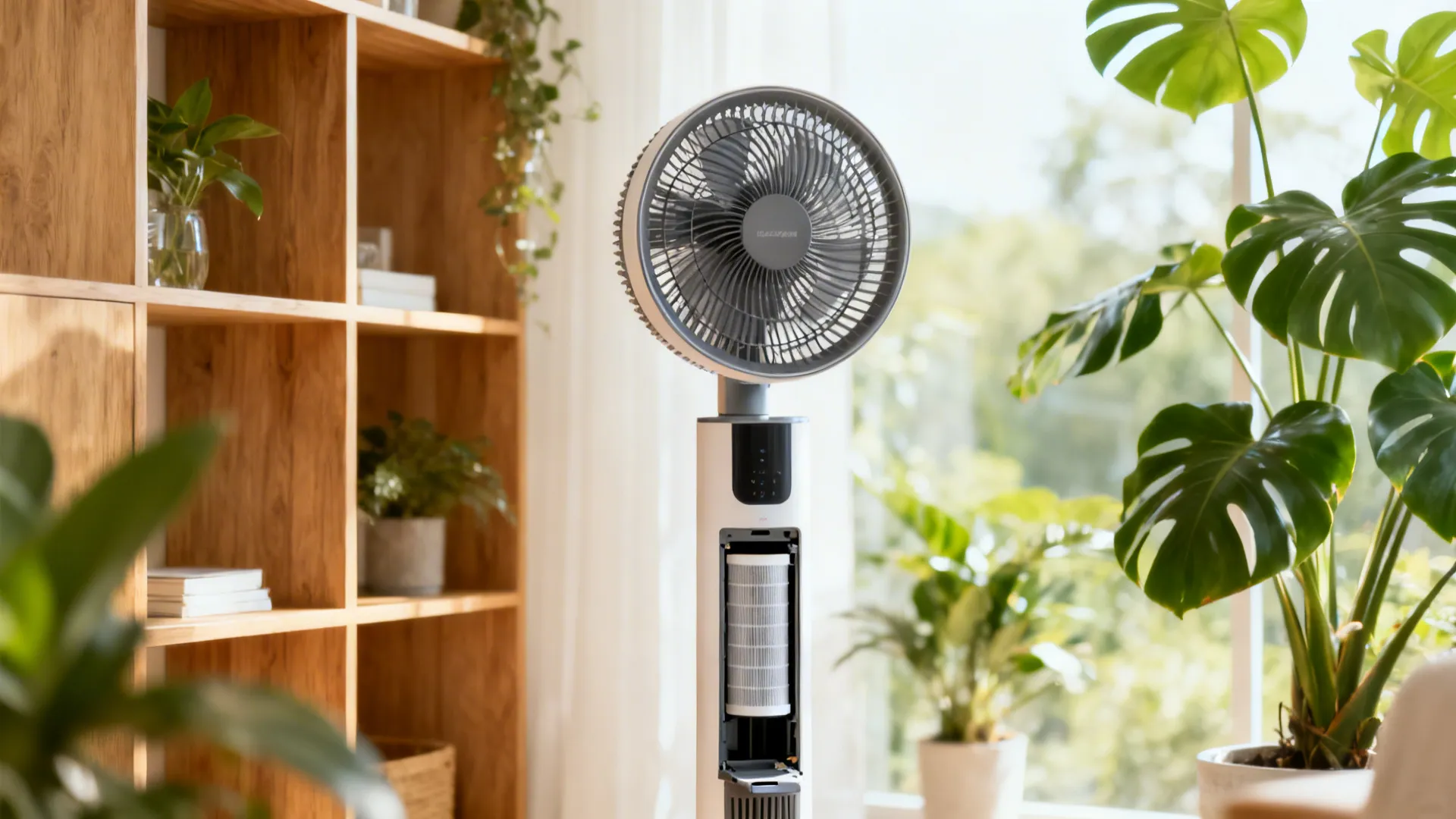 Tower fan with built-in air purifier next to plants and shelving in a bright living room