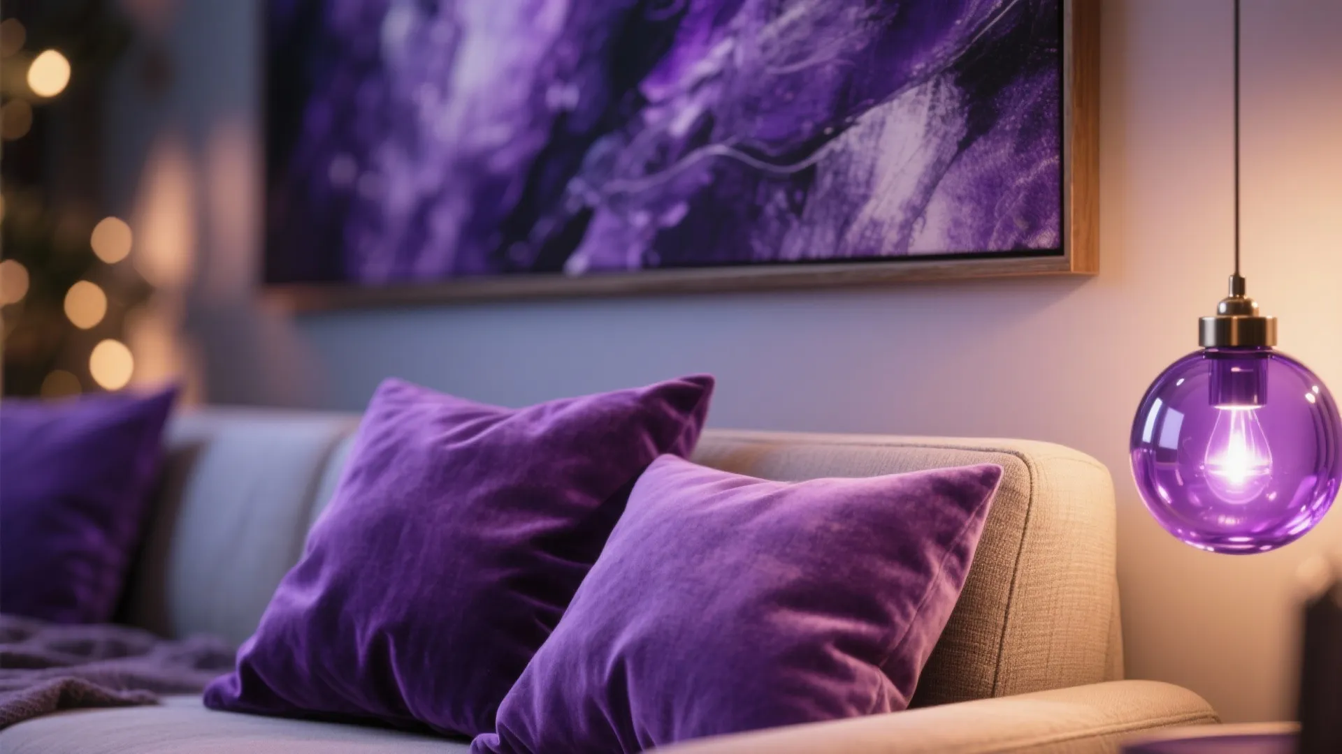 Close up of purple velvet pillows on a beige sofa with a glowing glass light