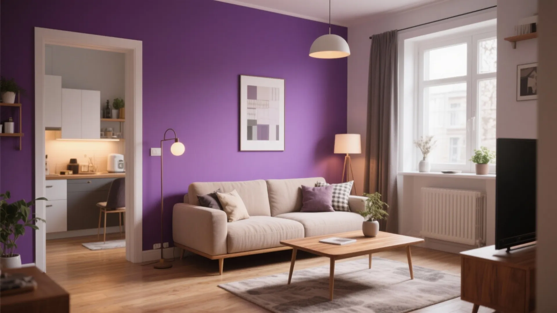 Modern living room with purple accent wall beige sofa wooden coffee table and floor lamp