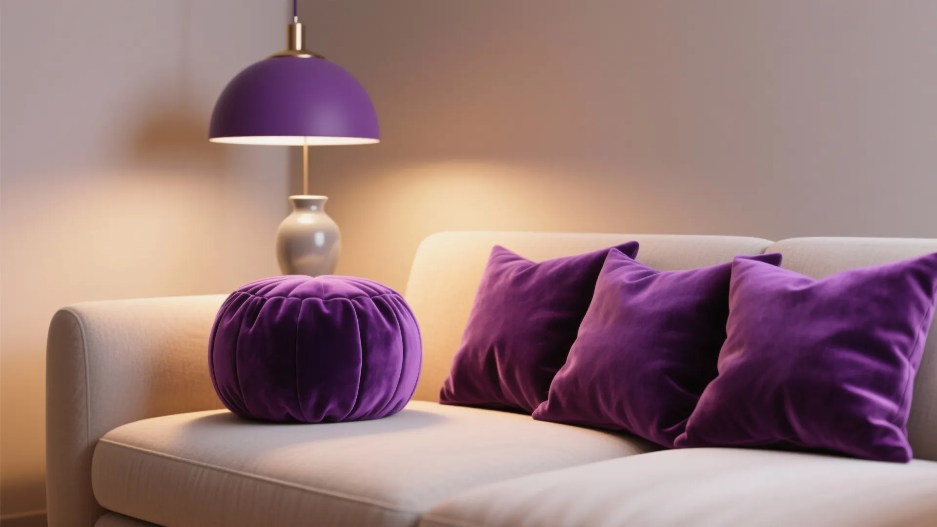 Cream sofa with three purple pillows and a purple footrest under a purple ceiling light
