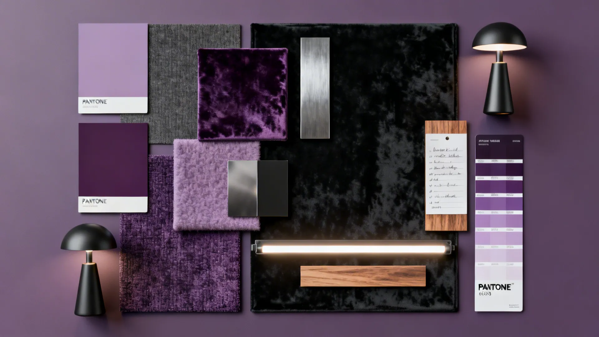 Interior design moodboard with purple fabric samples black color swatches wooden pieces and table lamps
