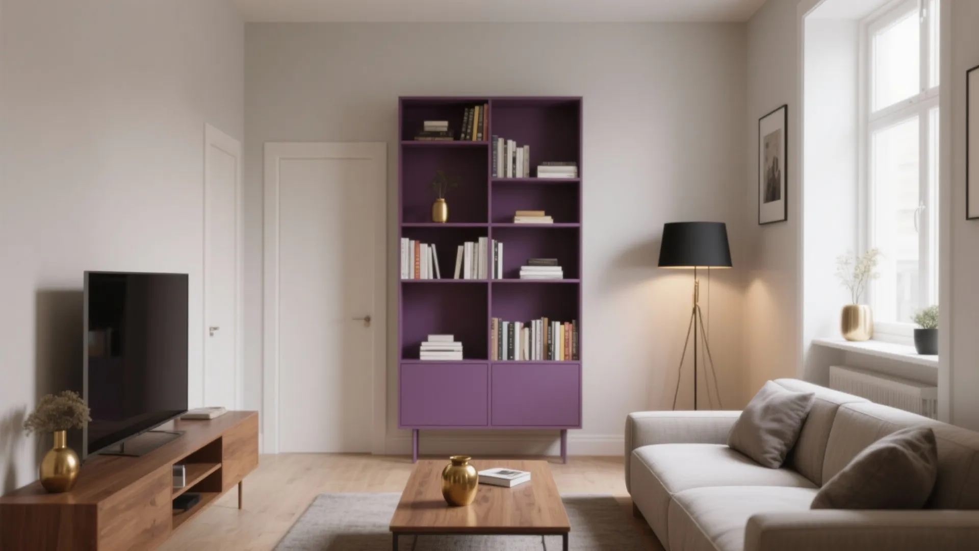 Compact living room featuring a single plum-colored bookshelf as an accent element among neutral furnishings and warm wood tones.