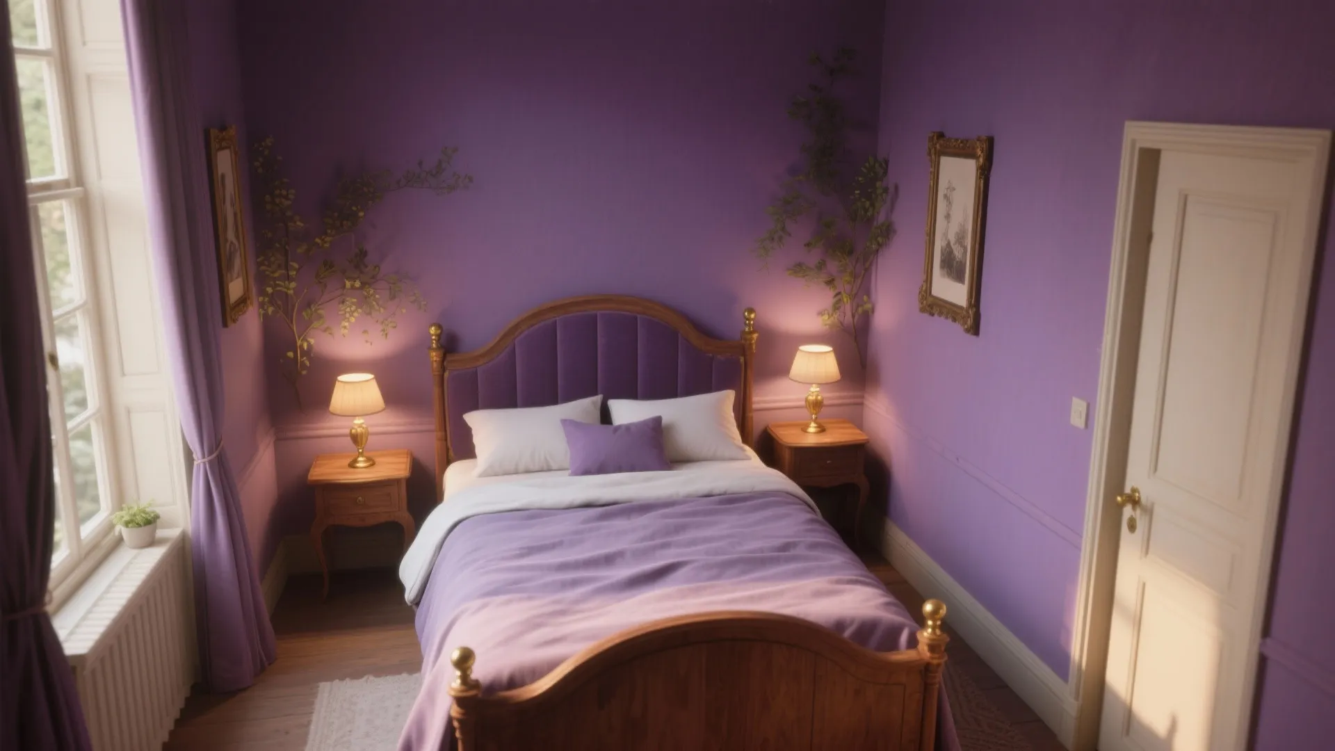 Classic bedroom with purple walls wooden bed frame small side tables two lamps and purple curtains