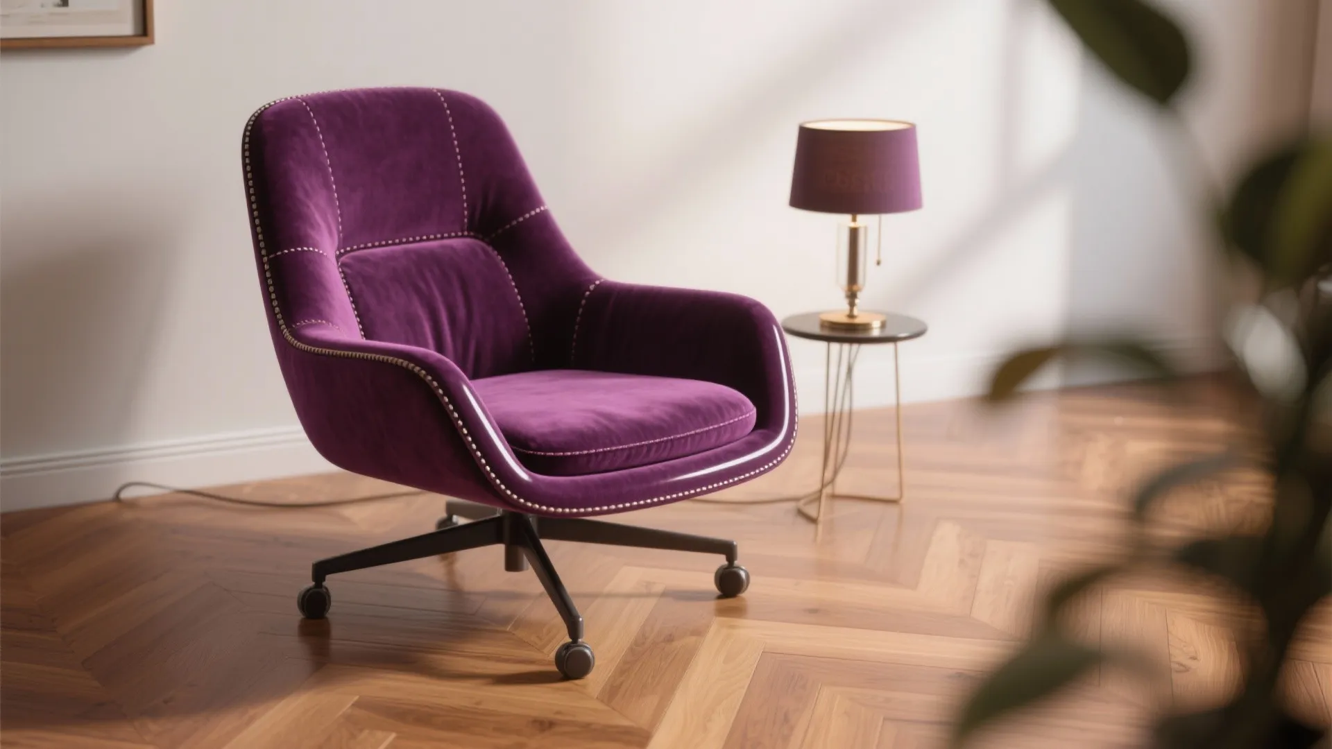 Elegant purple velvet swivel chair with metal base standing on wooden floor with small lamp