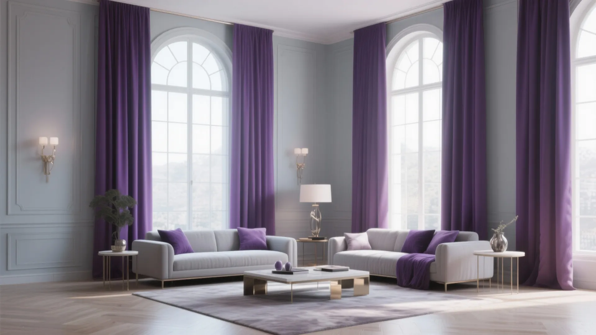Moody Purple Curtains Against Pale Grey Walls