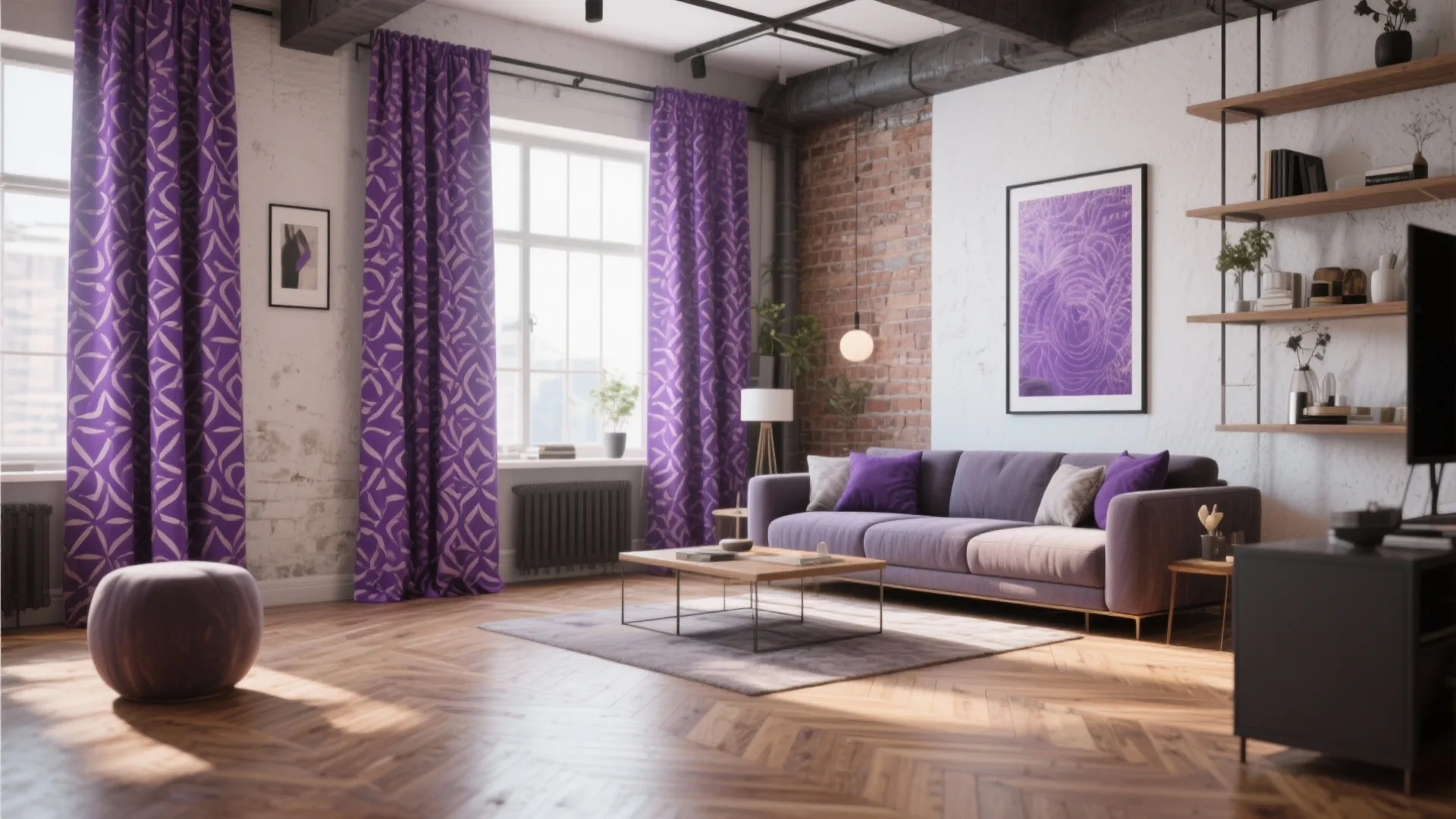 7. Purple Patterned Curtains with Oak Flooring
