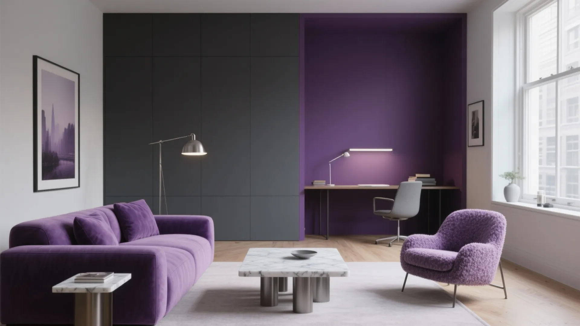 Modern living room with purple sofa, marble coffee table, grey wall, and small office desk