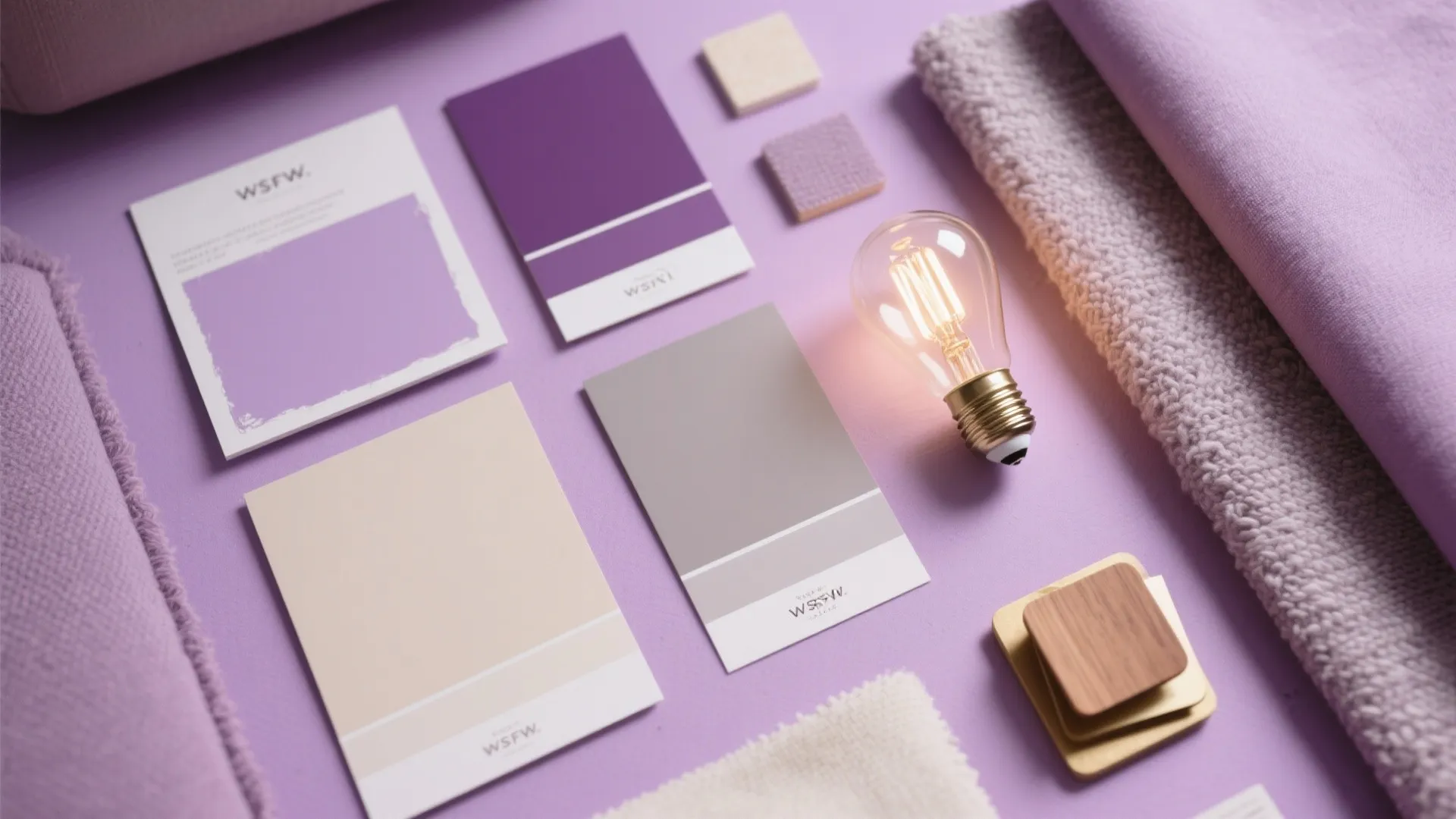 Interior design mood board with purple color swatches light bulb wood samples and soft fabric