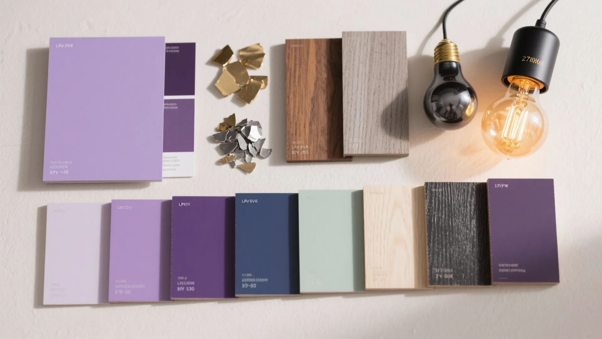 Interior design mood board featuring purple color swatches, wood samples, metallic flakes, and light bulbs
