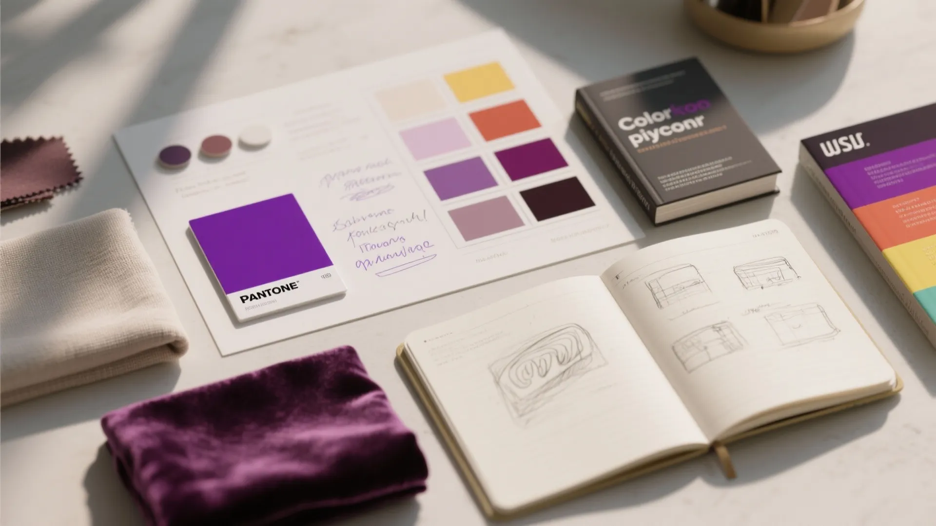 Interior design mood board with purple fabric samples color palette cards and a drawing book