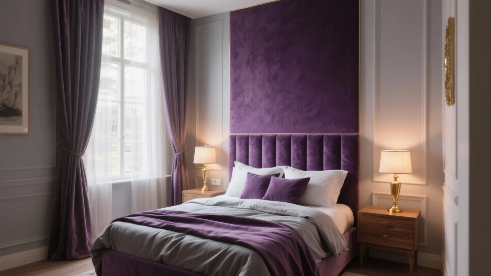 Elegant bedroom featuring purple velvet wall panel dark purple curtains wooden nightstands and table lamps