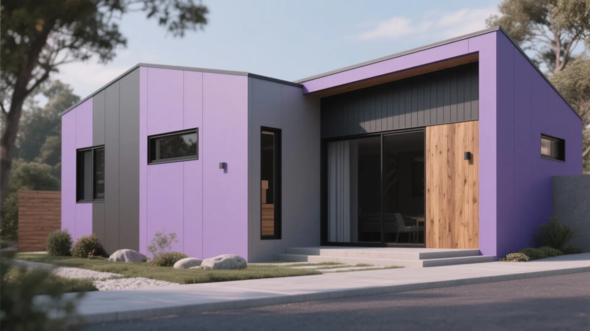 Modern house exterior featuring a mix of purple and grey wall panels with wooden accents
