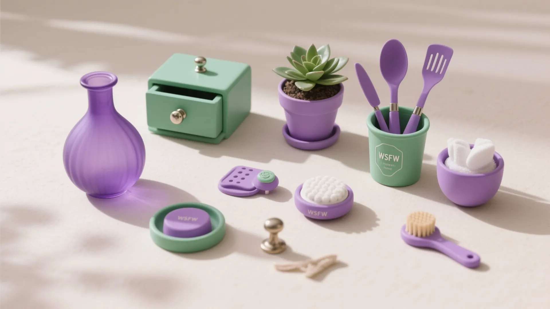 Collection of purple and green small home accessories including a plant pot and kitchen tools