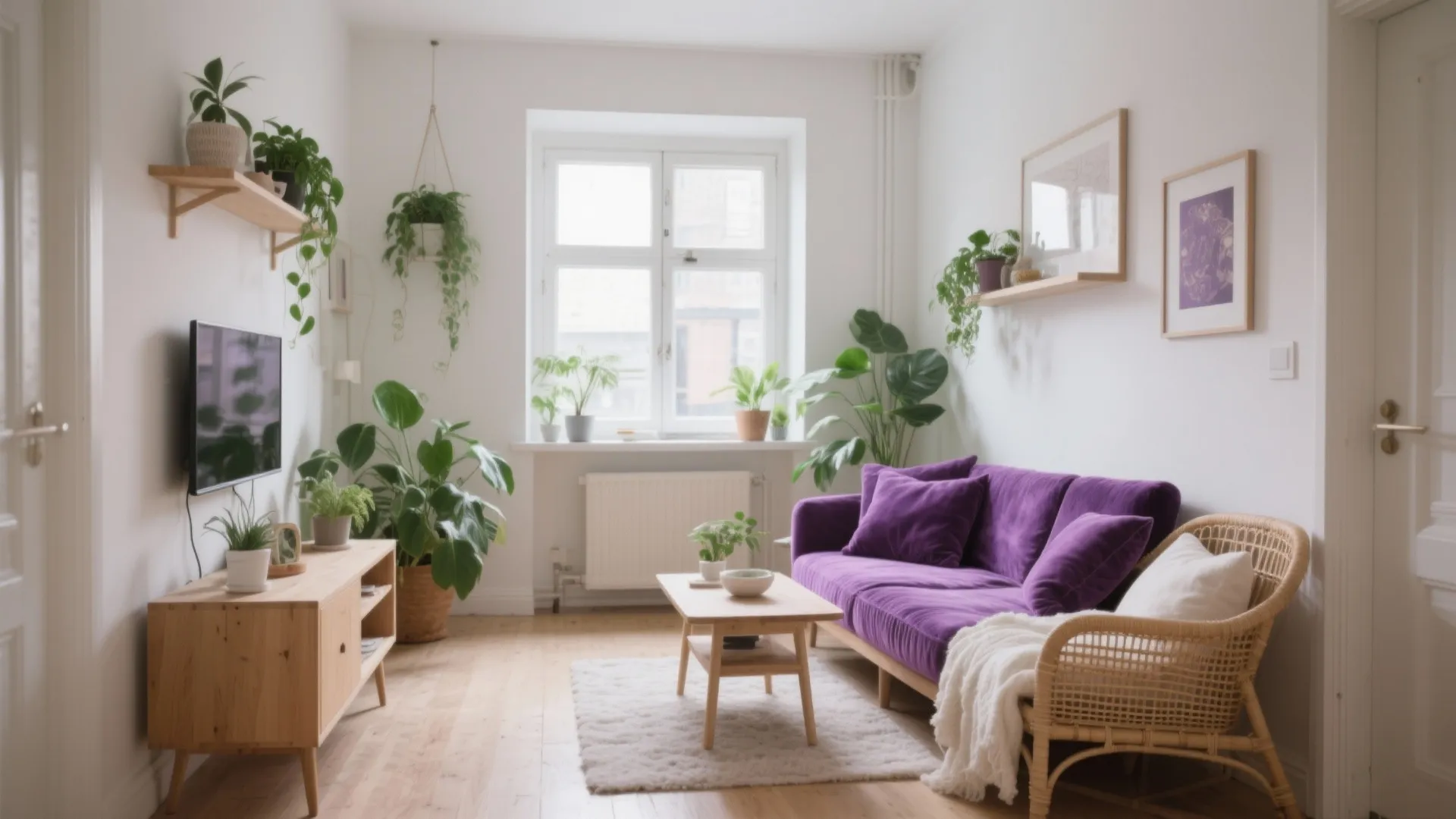 Modern living room with purple sofa wooden cabinet coffee table green plants and natural light