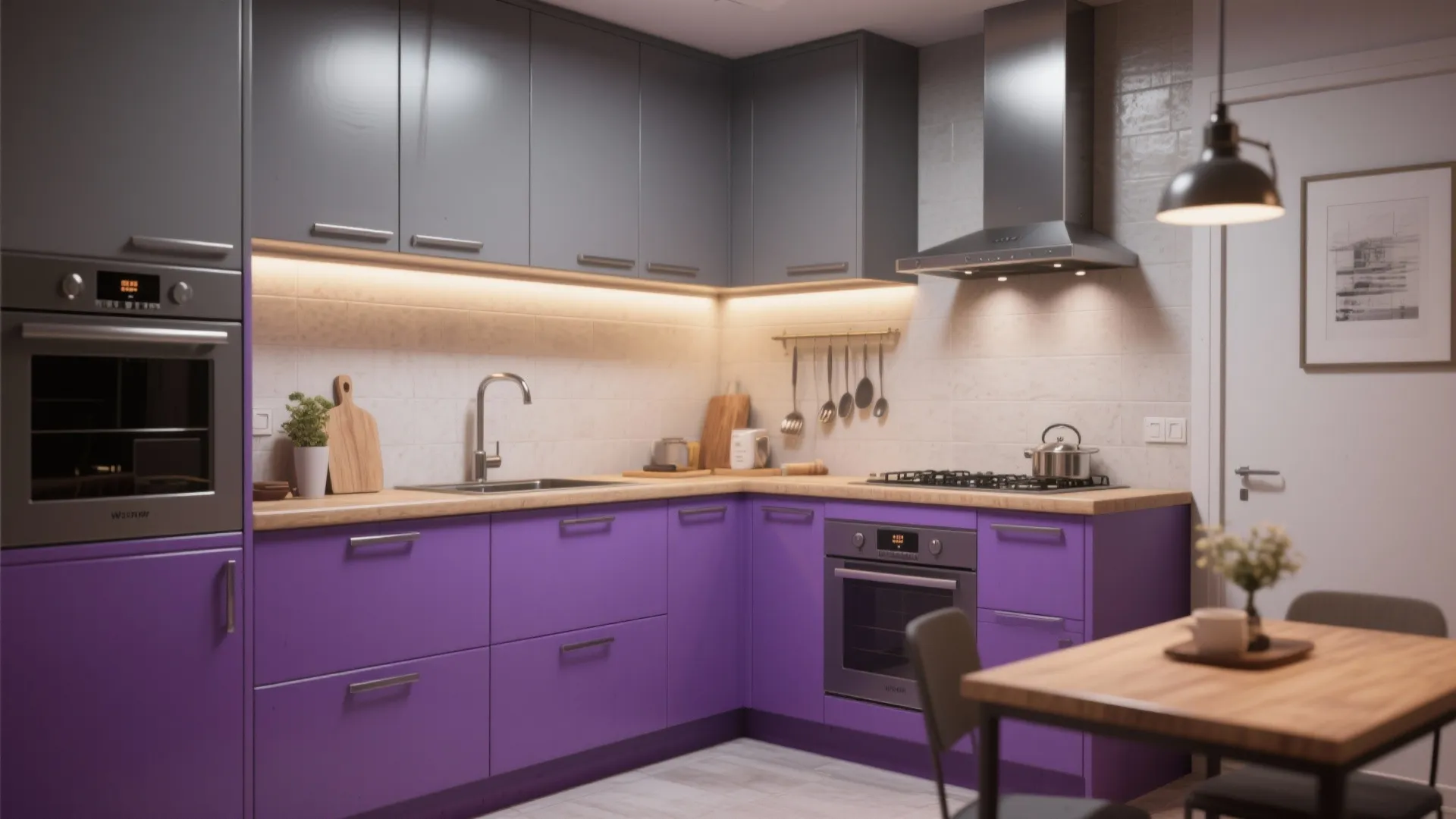 Modern kitchen with purple cabinets grey wall units wooden countertop silver sink and stainless steel oven