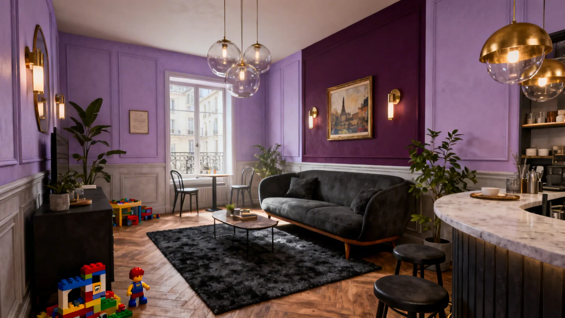Elegant purple living room with dark grey sofa black rug wood floor wall lights and window