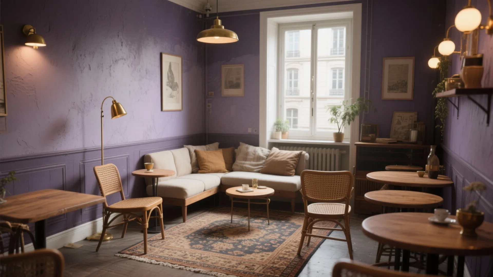Purple walls room with white sofa wooden tables woven chairs patterned rug and gold ceiling light
