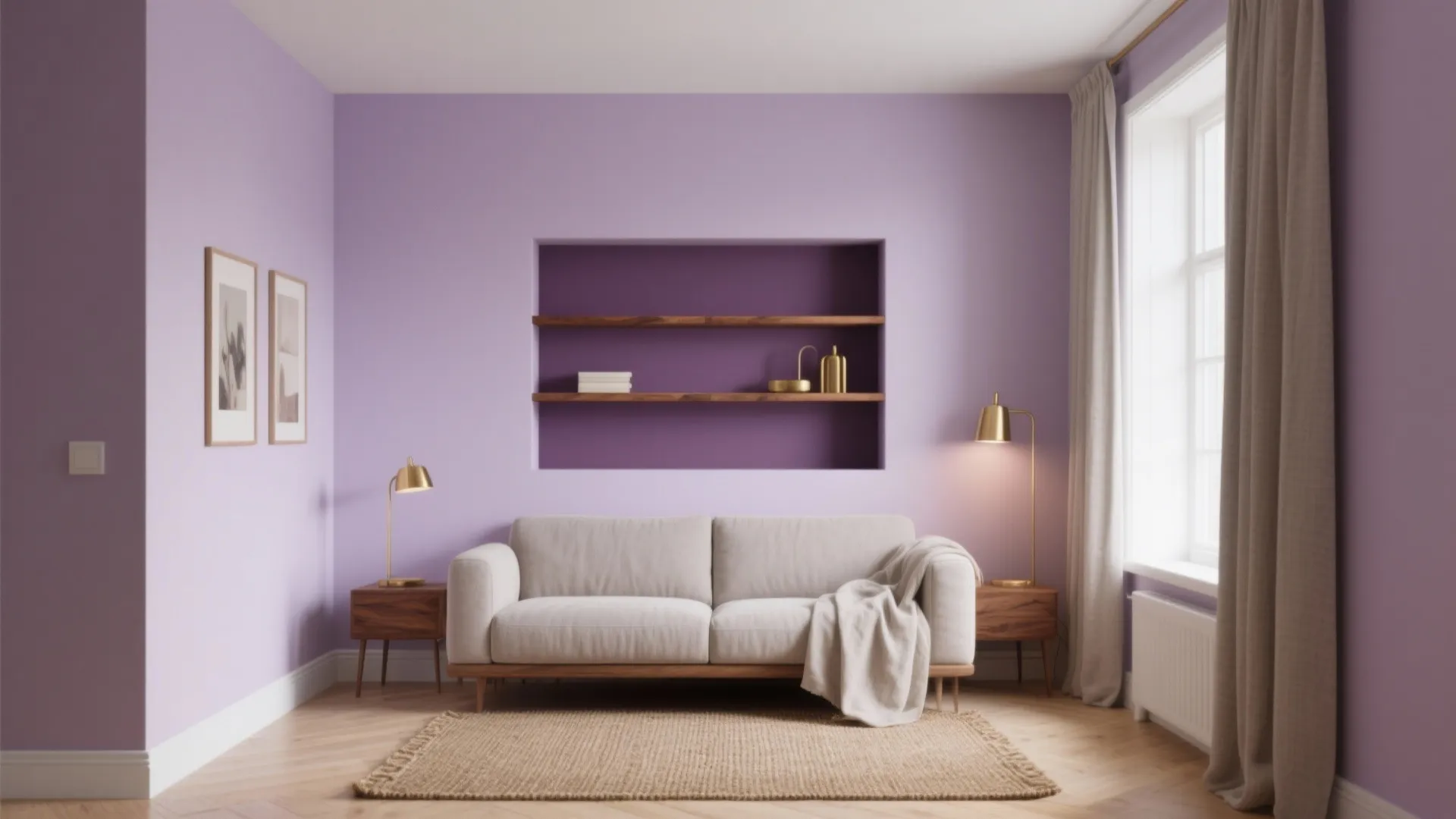 Modern living room with purple walls grey sofa wooden shelves two gold lamps and beige rug