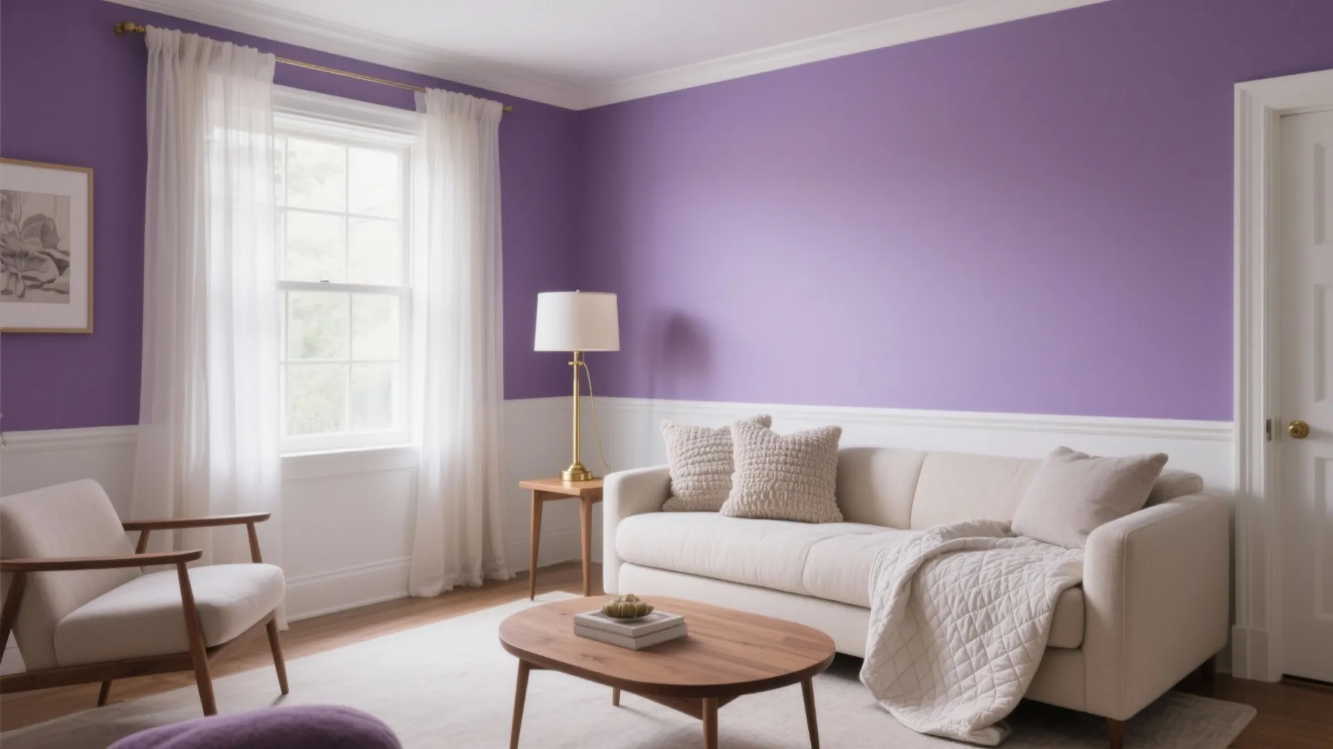 Living room featuring purple walls white wall panel cream sofa wooden coffee table and window