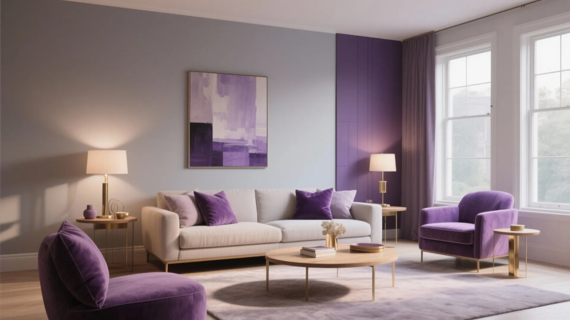 Modern living room with white sofa purple armchairs wooden coffee table purple curtains and artwork