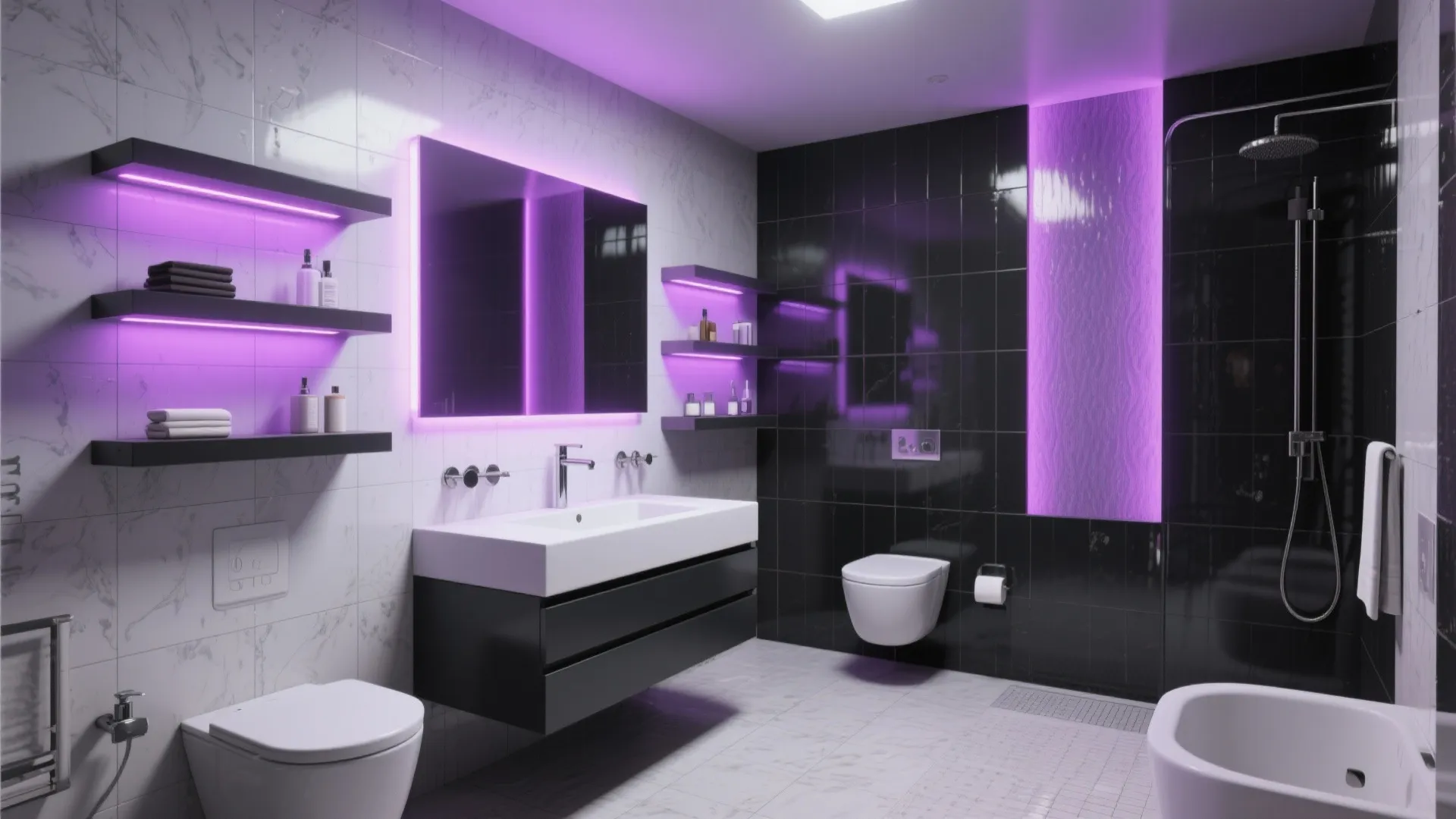 Contemporary bathroom featuring white marble walls black wall tiles and purple led lighting on shelves