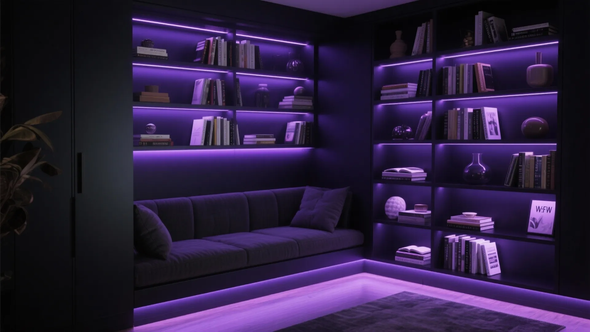 9. Black Built-in Bookcases with Purple LED Backlighting