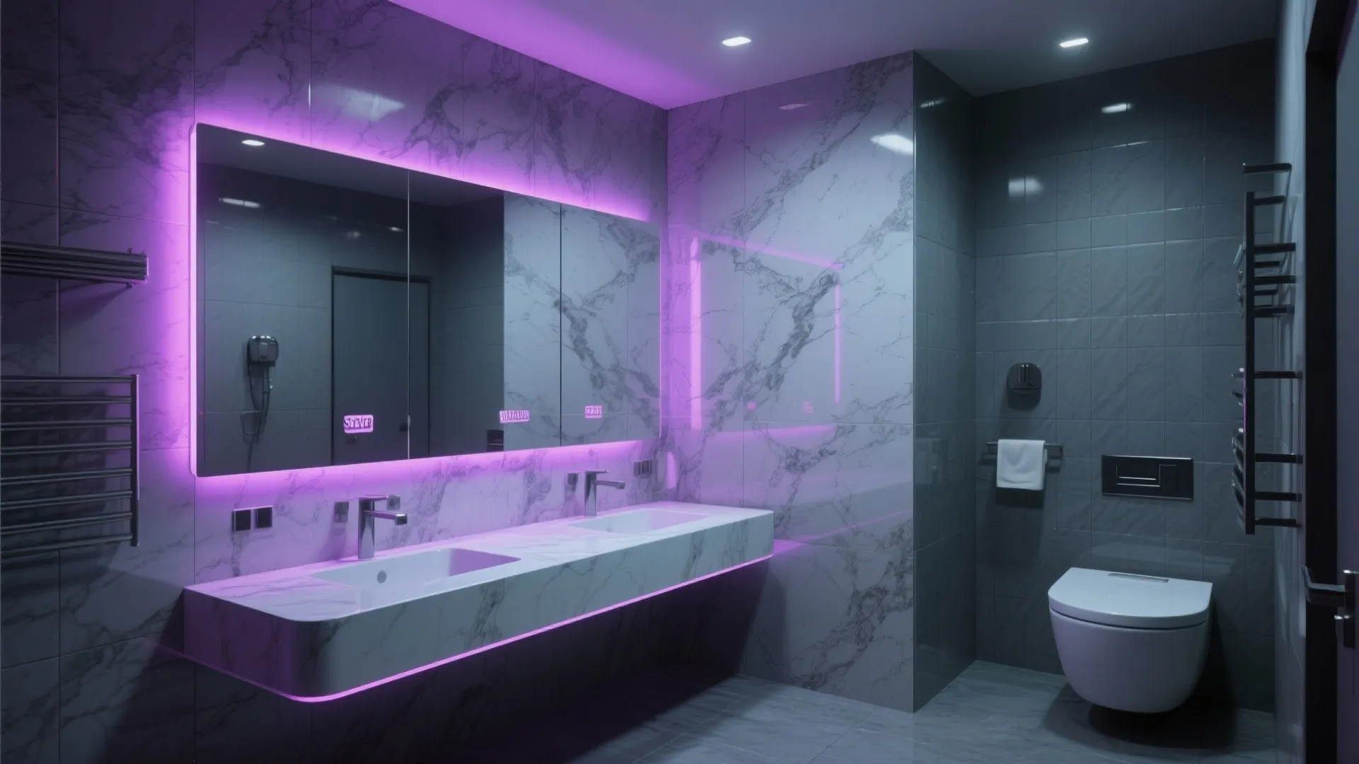 Modern bathroom with marble walls purple neon light mirror white sink and grey tiled floor