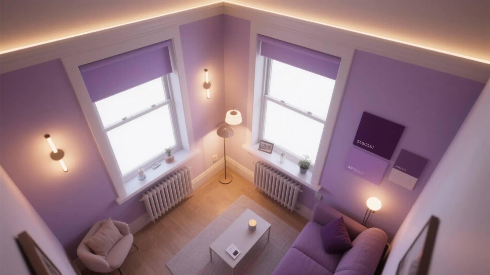 Top view of a purple living room with two windows wall lights sofa and white radiator