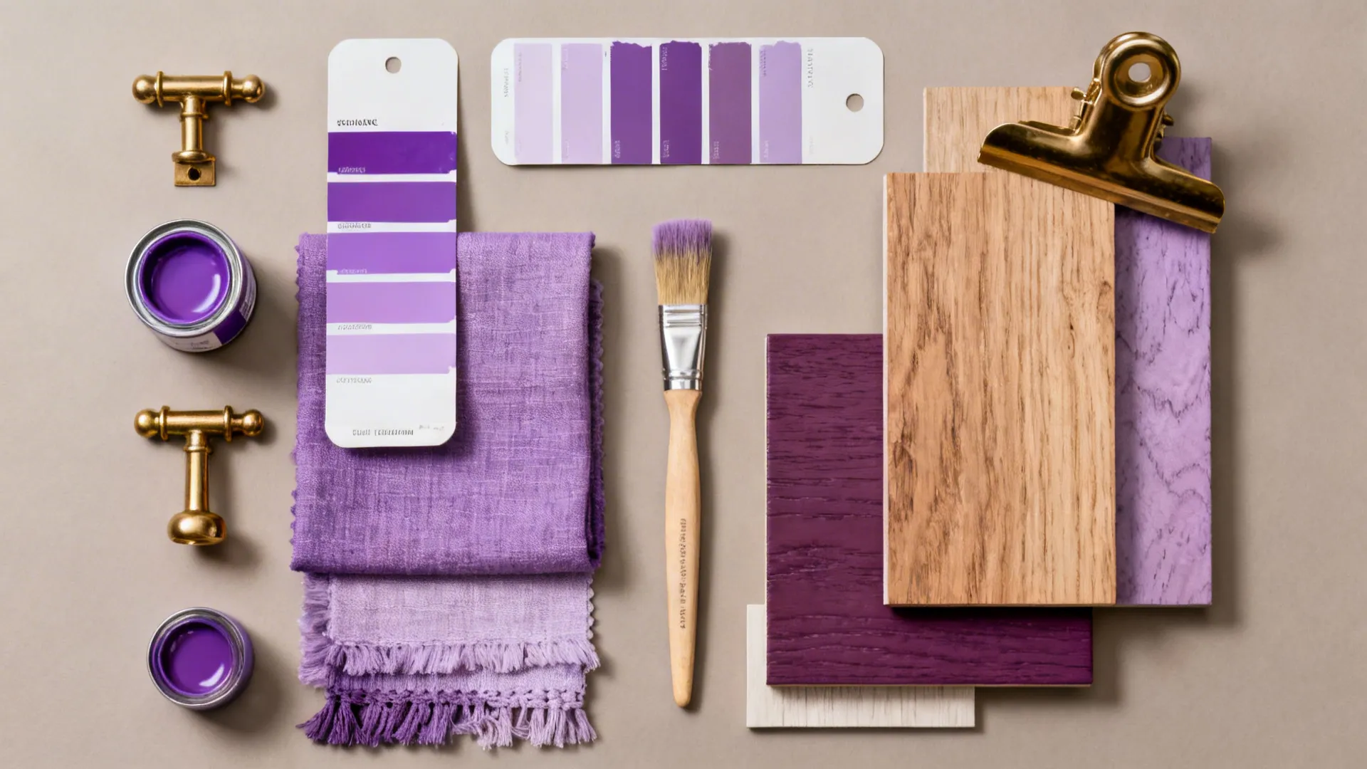 Flatlay of purple paint chips, fabric swatches, wood samples and brass hardware