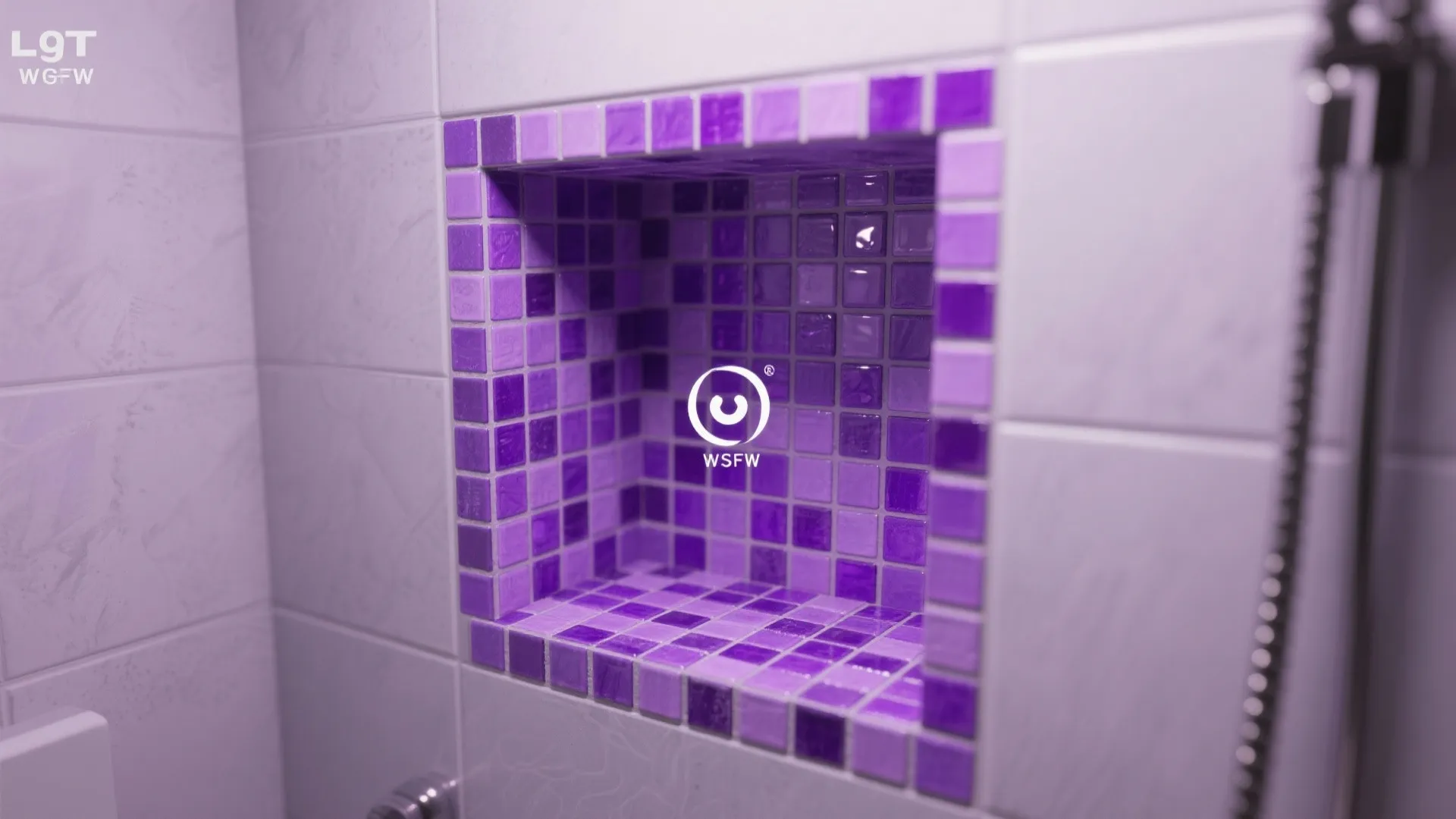 Bathroom shower wall featuring a square storage shelf lined with purple and violet mosaic tiles