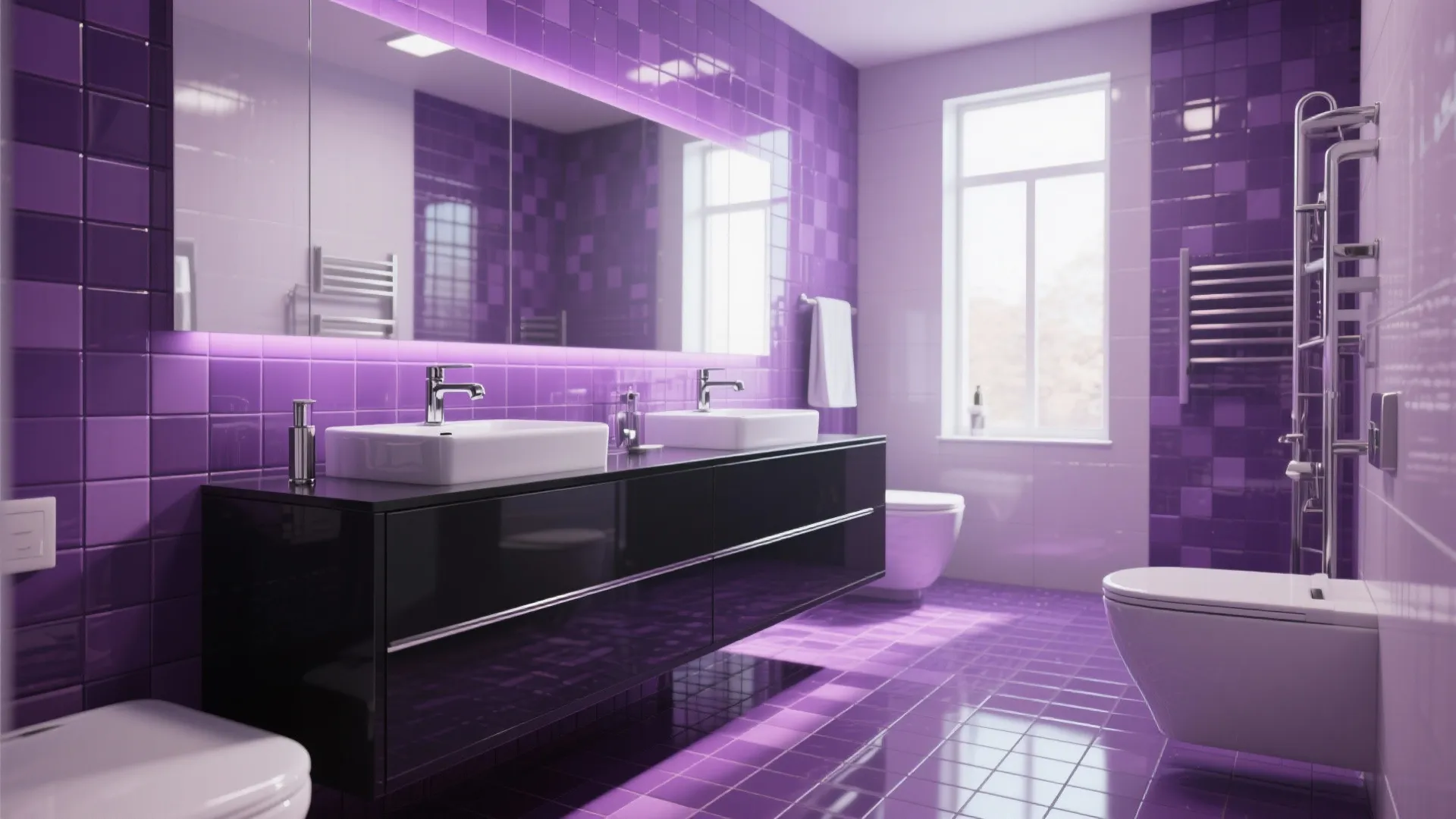 Modern bathroom with purple tile walls black cabinet two white sinks and large bright mirror