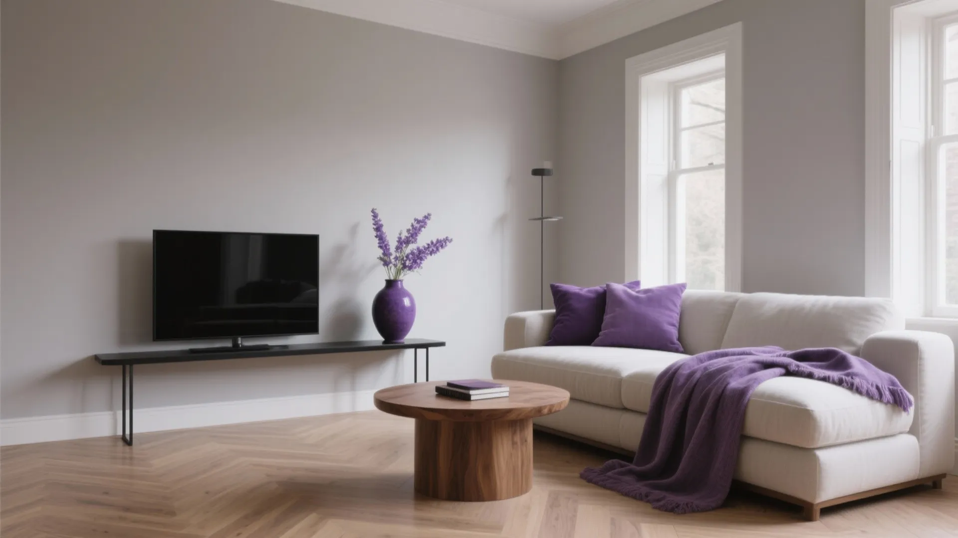 Purple + Neutrals: Greige, Oak, and Matte Black