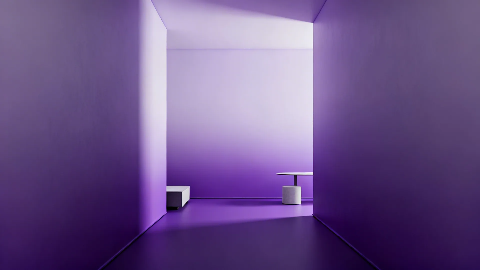 Narrow hallway with a purple ombre wall that visually stretches the space