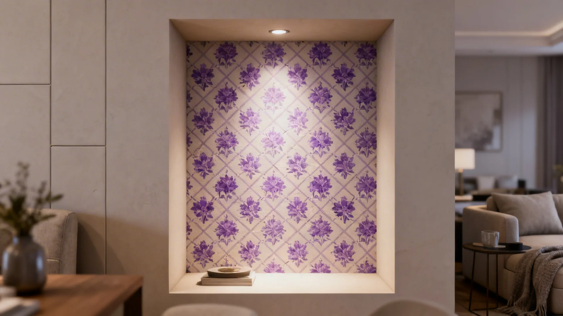 Small alcove with a single purple patterned wallpaper wall and neutral furnishings