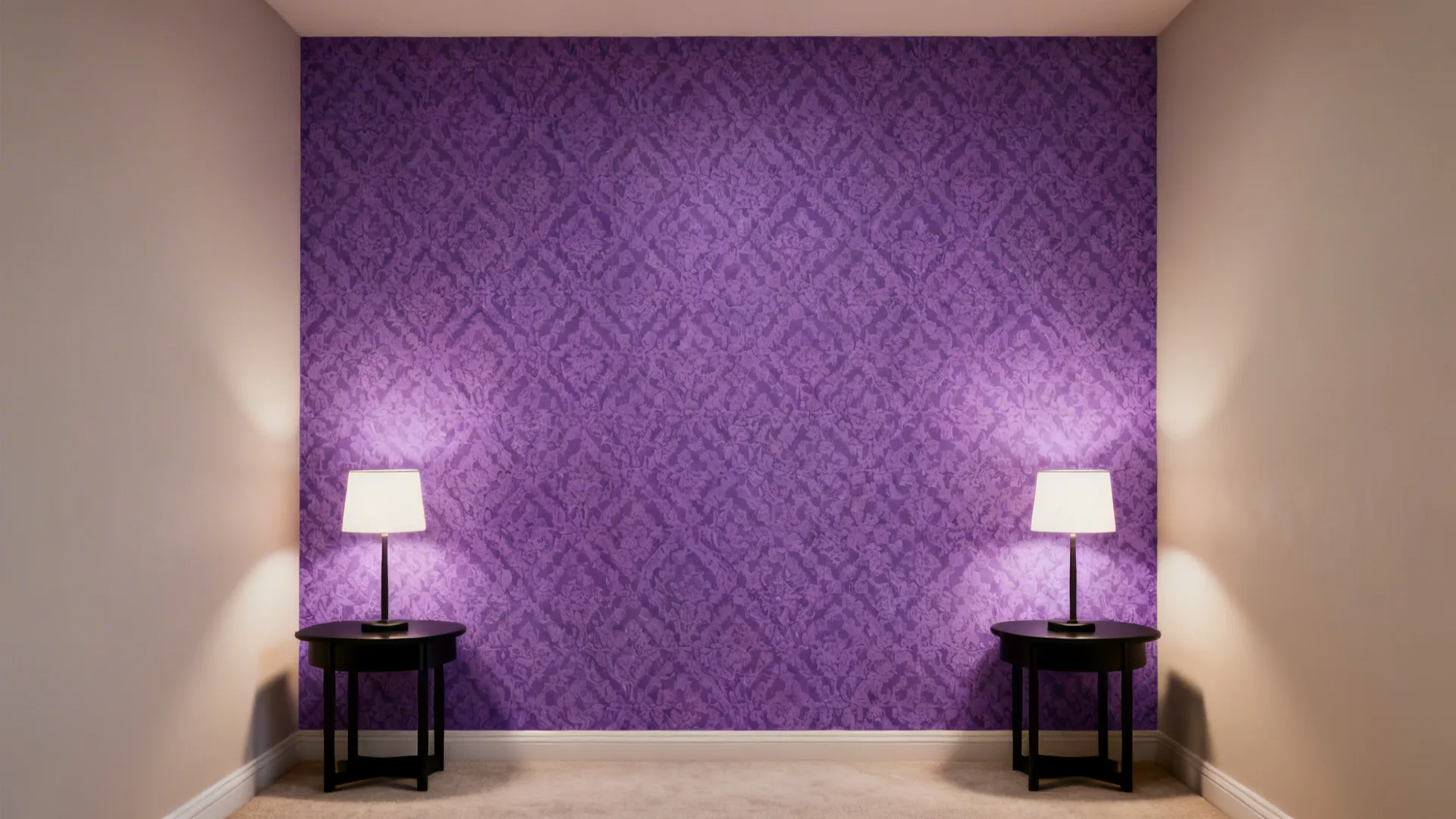 Purple patterned wall between two white walls with two black side tables and white lamps