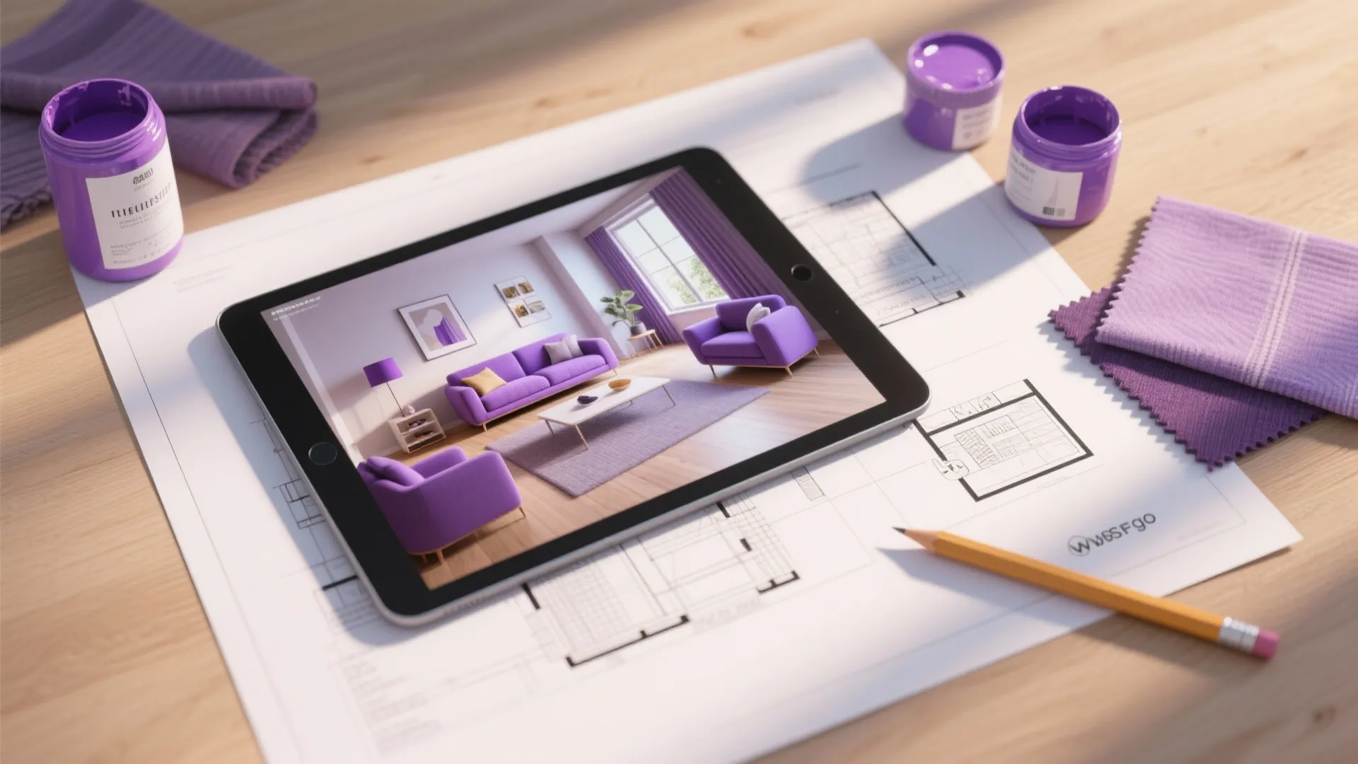 Tablet showing purple living room design on paper floor plan with paint jars and pencil