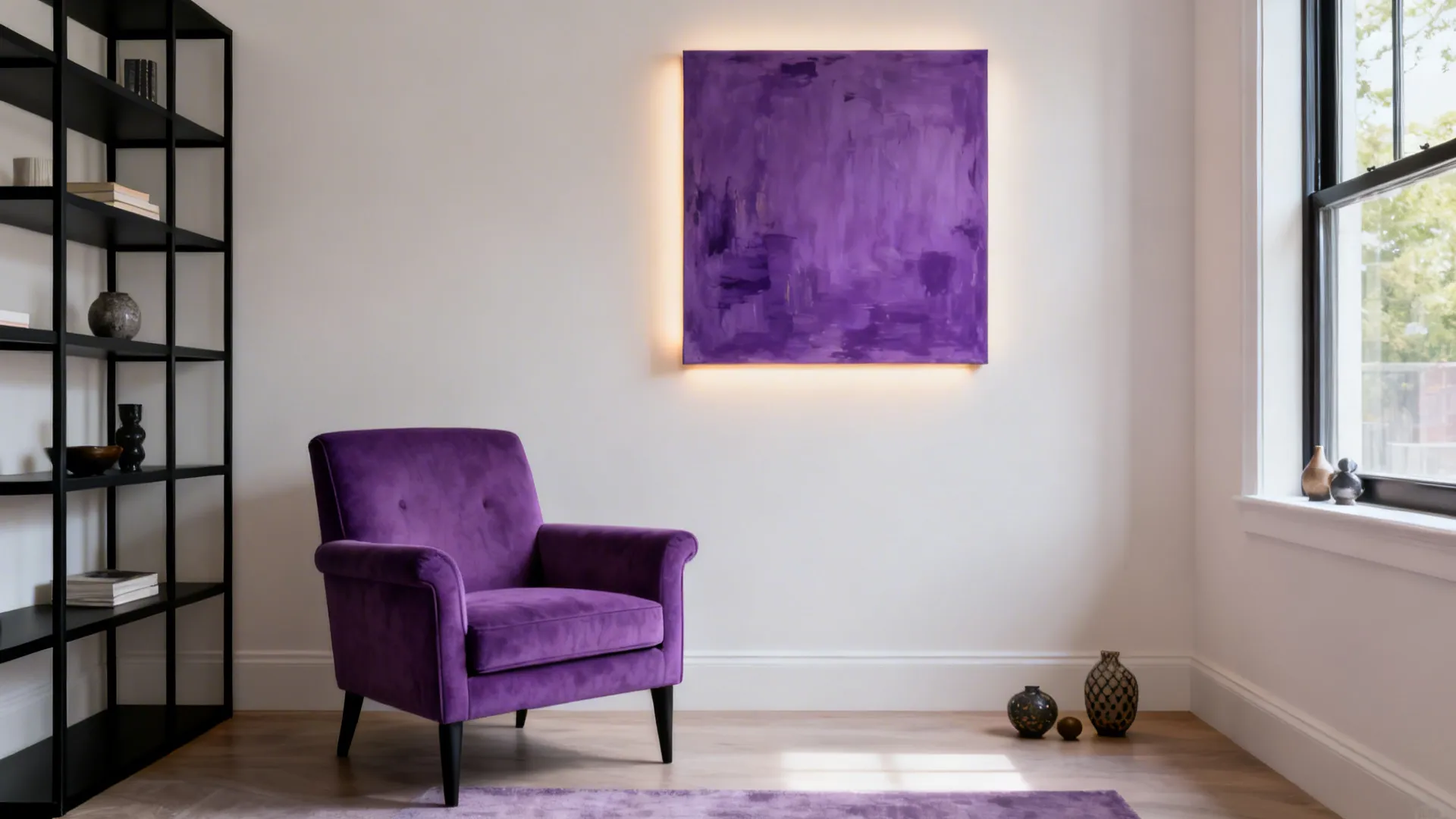 Single purple armchair staged against black-framed shelving and purple artwork for a renter-friendly accent.