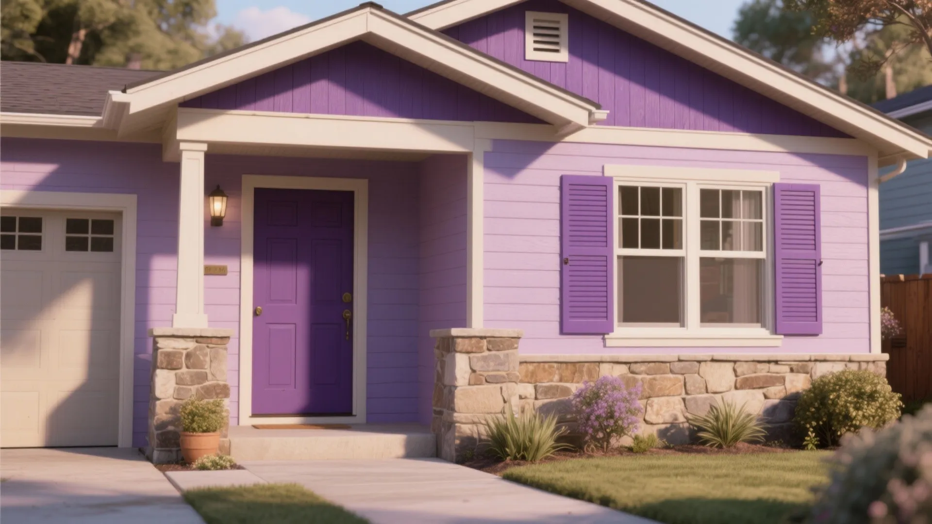 Modern house exterior with purple siding dark purple door white windows and stone base wall design