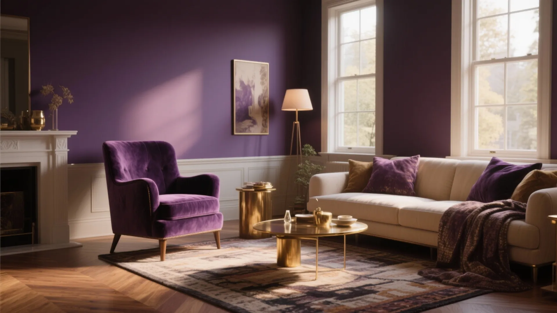 Modern living room with purple walls velvet armchair white sofa gold coffee table and windows