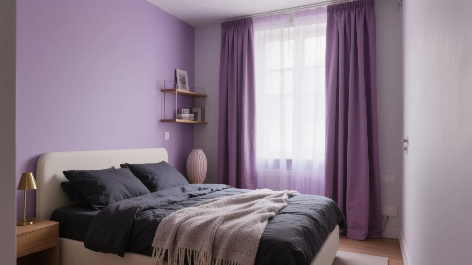 Modern purple bedroom with white bed, dark bedding, purple curtains, wooden shelf, and natural light