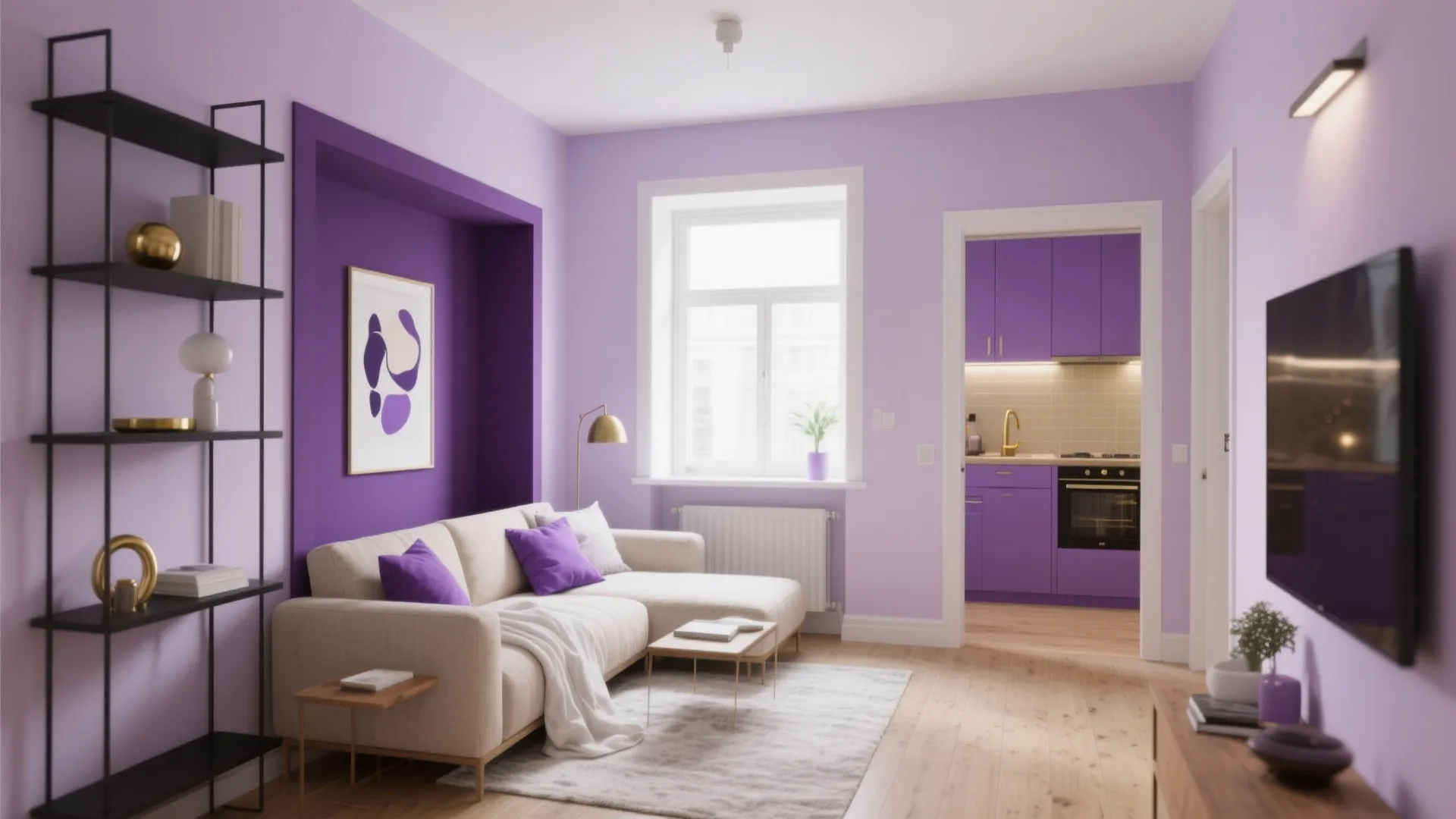 Light purple living room with beige sofa black shelving and view into a purple kitchen
