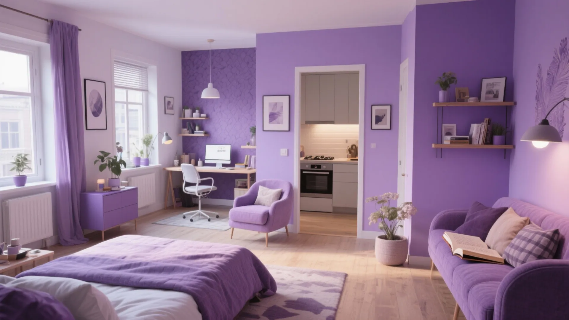 Bright studio apartment with purple walls bed desk chair small sofa and view into small kitchen