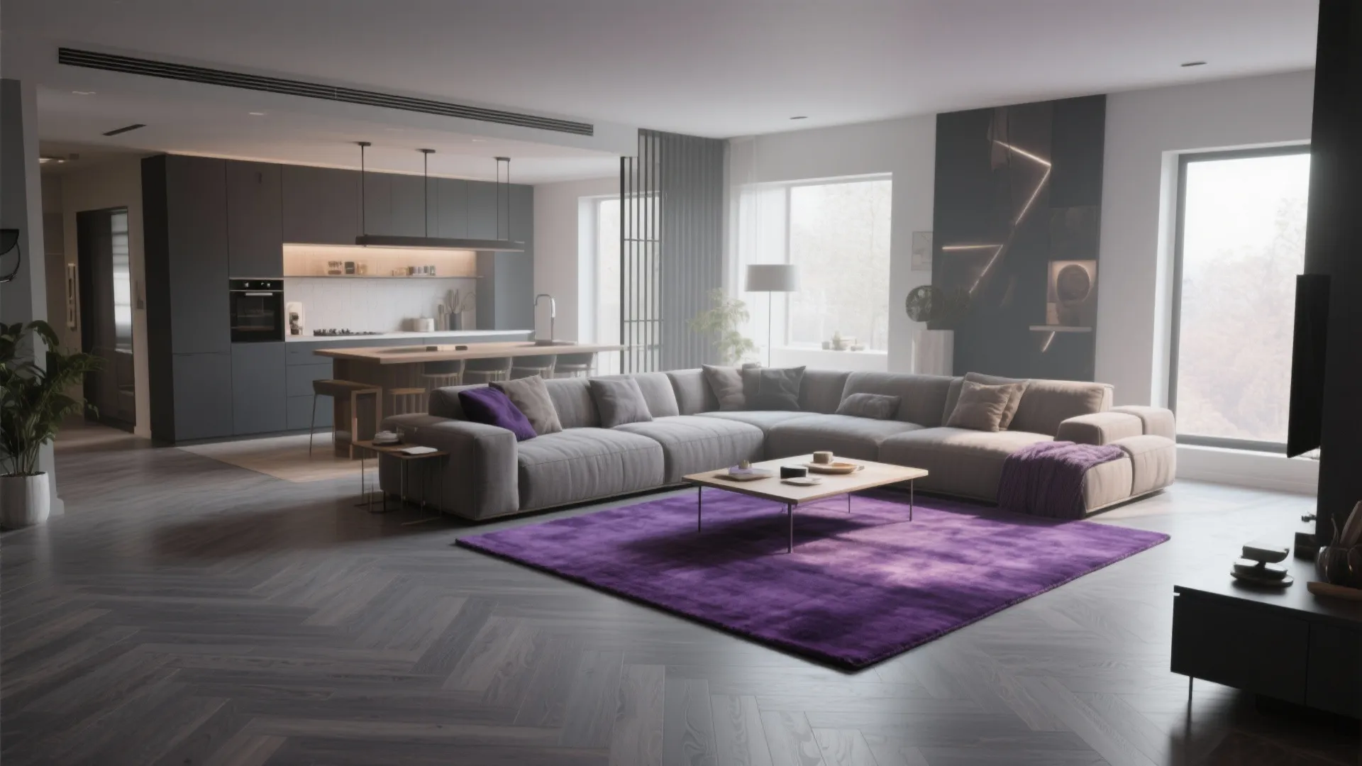 Layering Purple Rugs on Grey Floors